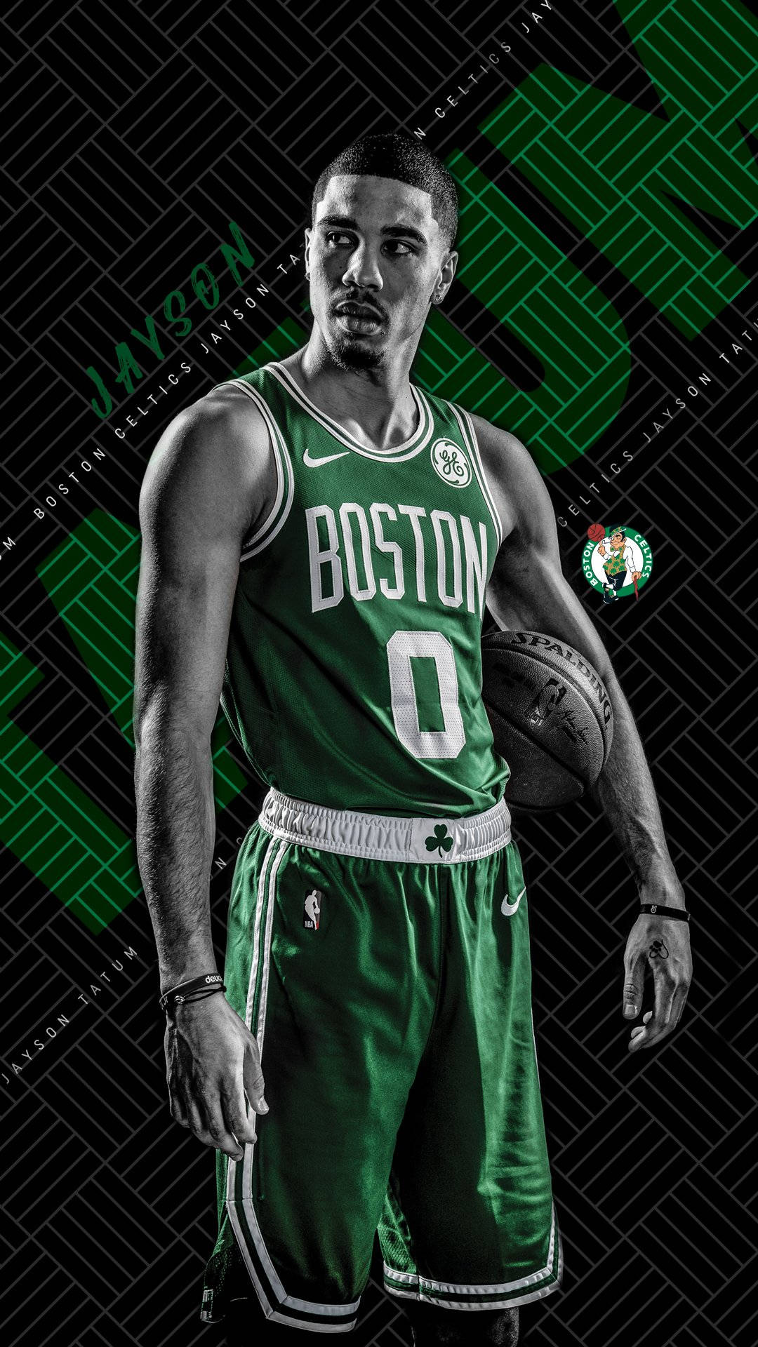 Celtics 桌布 壁紙 — 一名身穿綠色波士頓塞爾提克球衣的籃球運動員，在幾何綠色和黑色背景前持球。