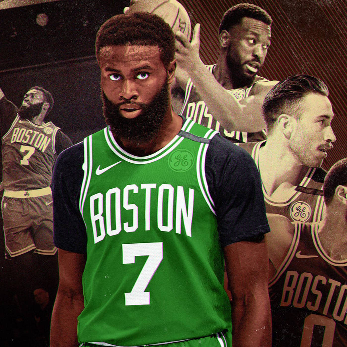 Jaylen Brown 桌布 壁紙 — 一名身穿綠色波士頓球衣、背號7的籃球運動員站在正中央，周圍是擺出動作姿勢的隊友。