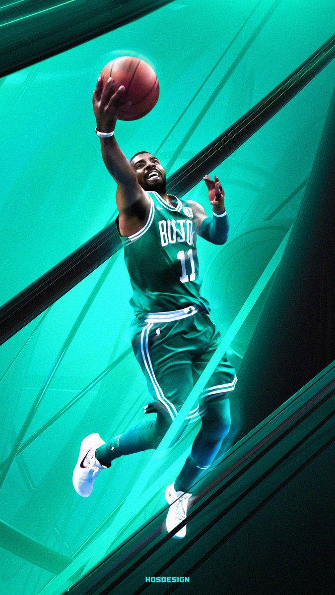 Kyrie 桌布 壁紙 — 一名身穿綠色波士頓球衣的籃球運動員在發光的青綠色幾何背景前動態跳躍。