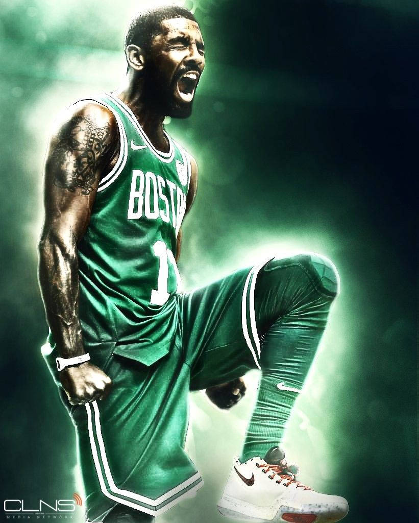 Kyrie 桌布 壁紙 — 一名身穿綠色波士頓球衣的籃球運動員在發光的綠色和黑色背景下激烈咆哮。