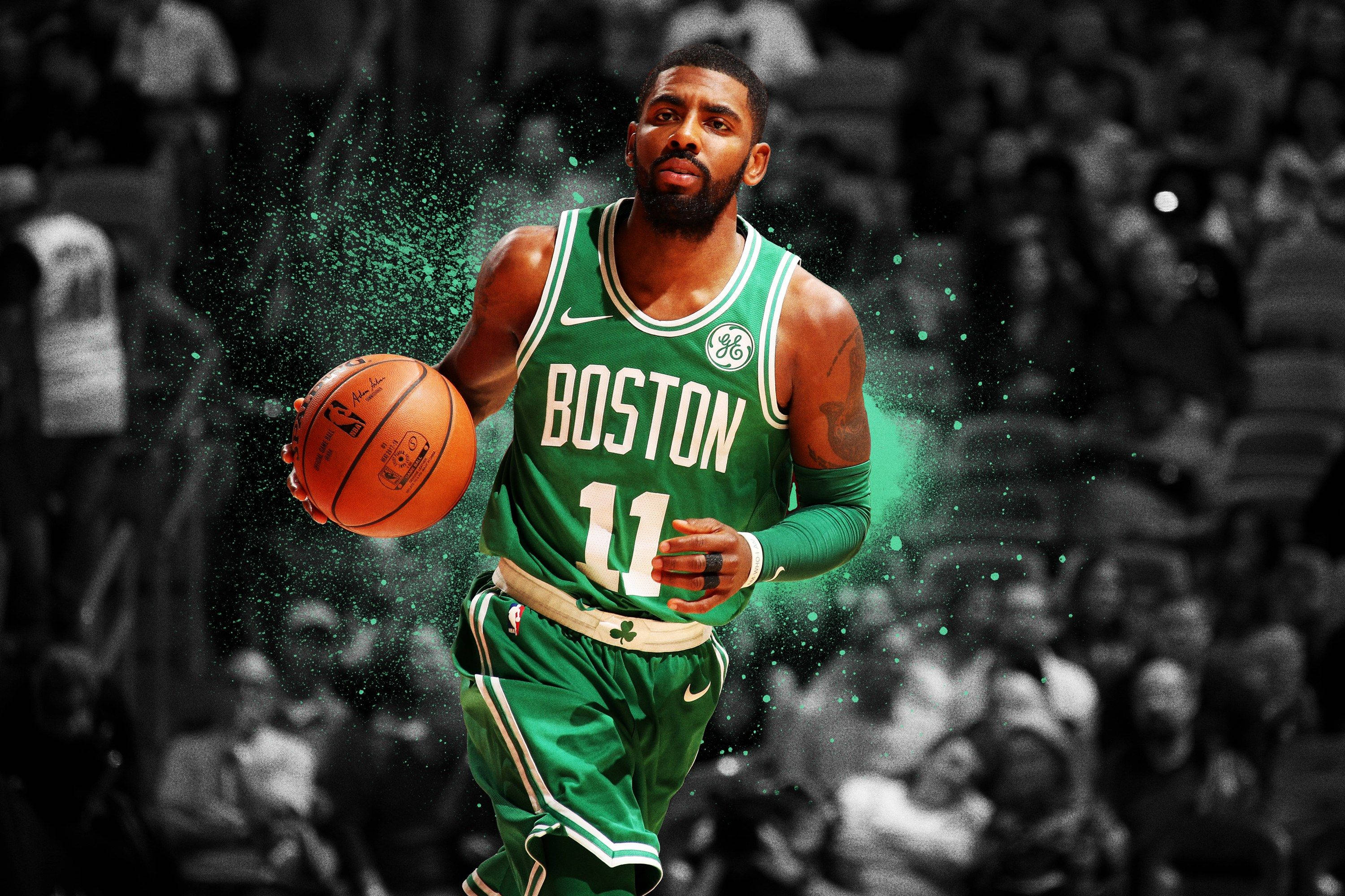 Kyrie 桌布 壁紙 — 一名身穿綠色波士頓球衣的籃球運動員在模糊的人群背景下激烈運球，綠色粒子在他周圍爆炸。