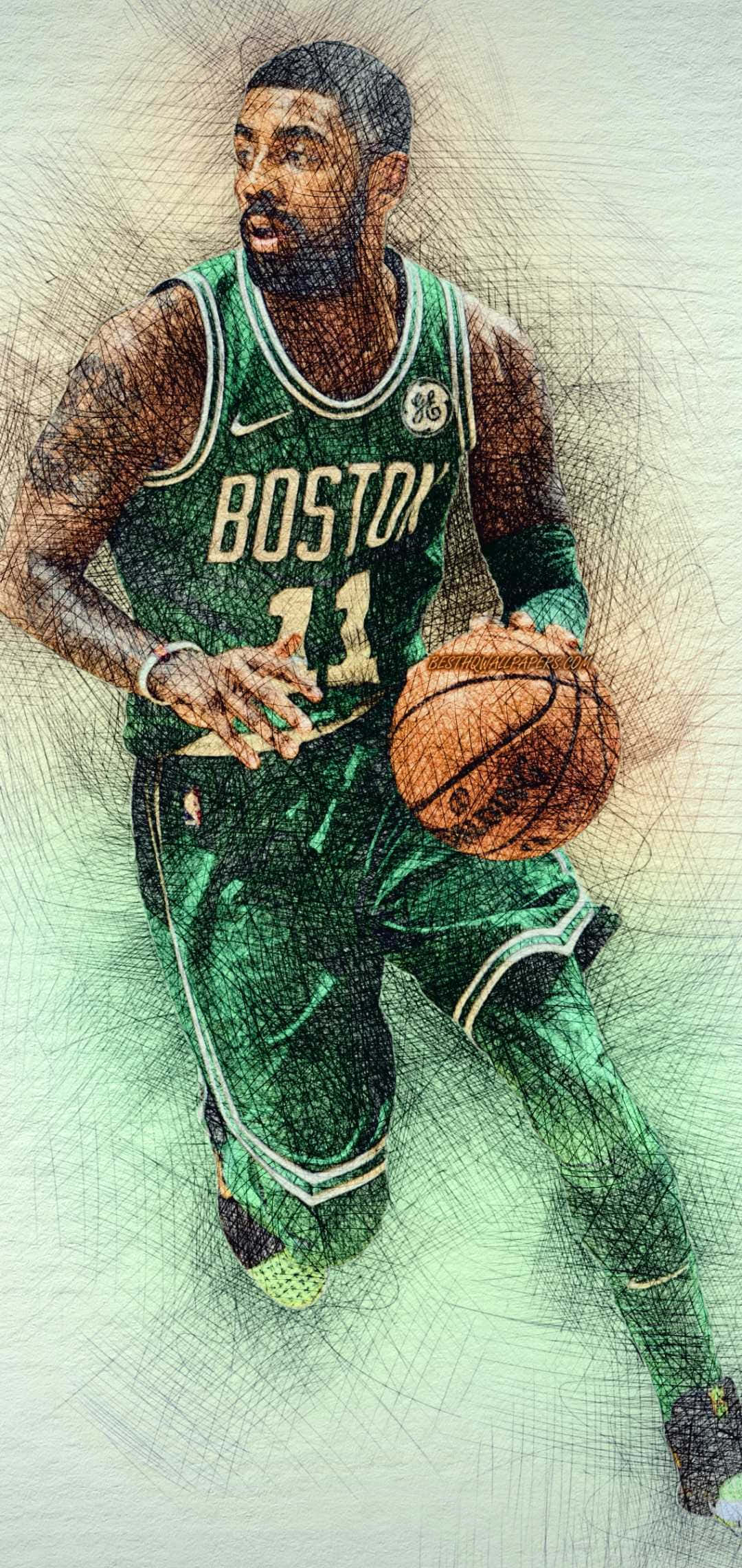 Kyrie Irving Cool 桌布 壁紙 — 一名身穿綠色波士頓球衣的籃球運動員，在帶有素描紋理的背景前專注地運球。