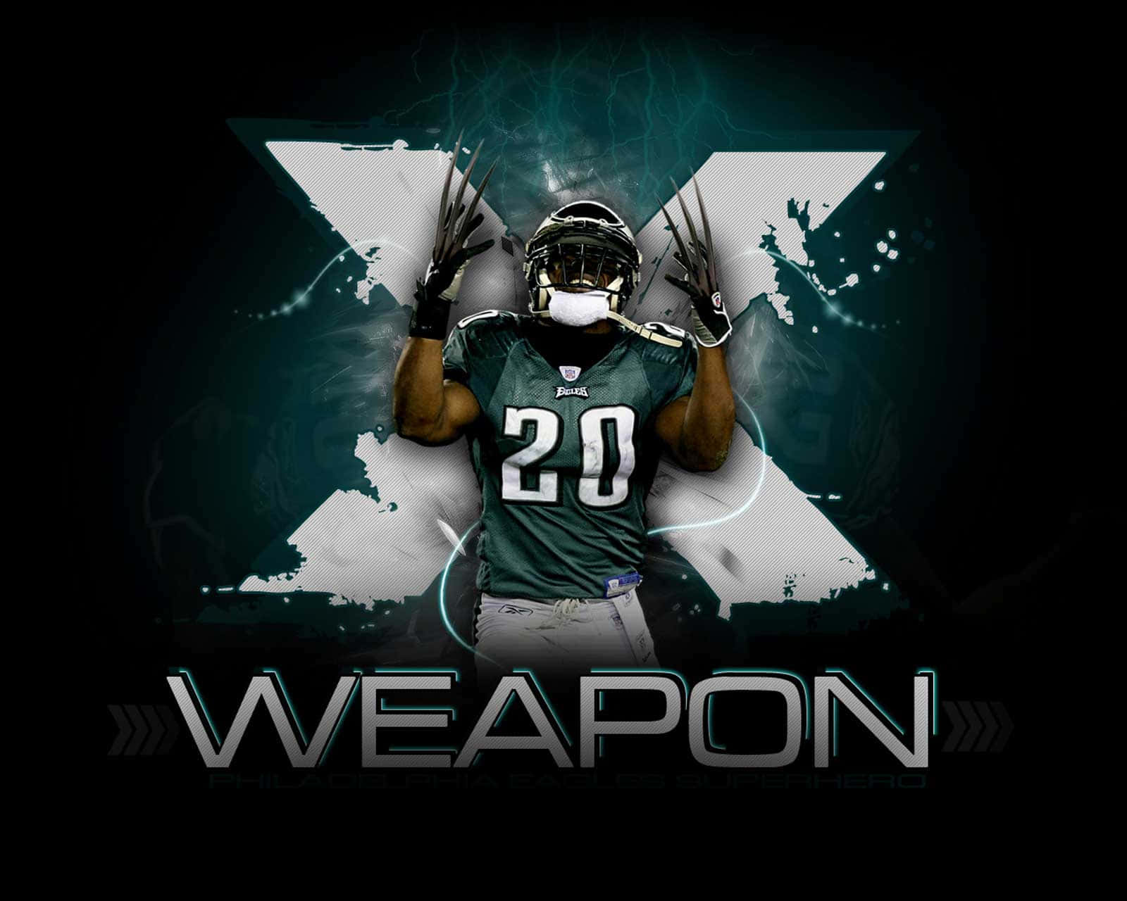 Eagles Football 桌布 壁紙 — 一名身穿綠色球衣、號碼20的美式足球員，在帶有閃電和一個大X的黑暗背景下舉起爪子站立。