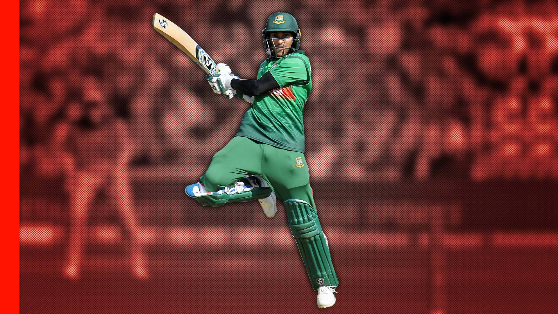 Bangladesh Cricket 桌布 壁紙 — 一名身穿綠色球衣的板球運動員在空中跳躍，揮動球棒，背景是模糊的紅色體育場人群。