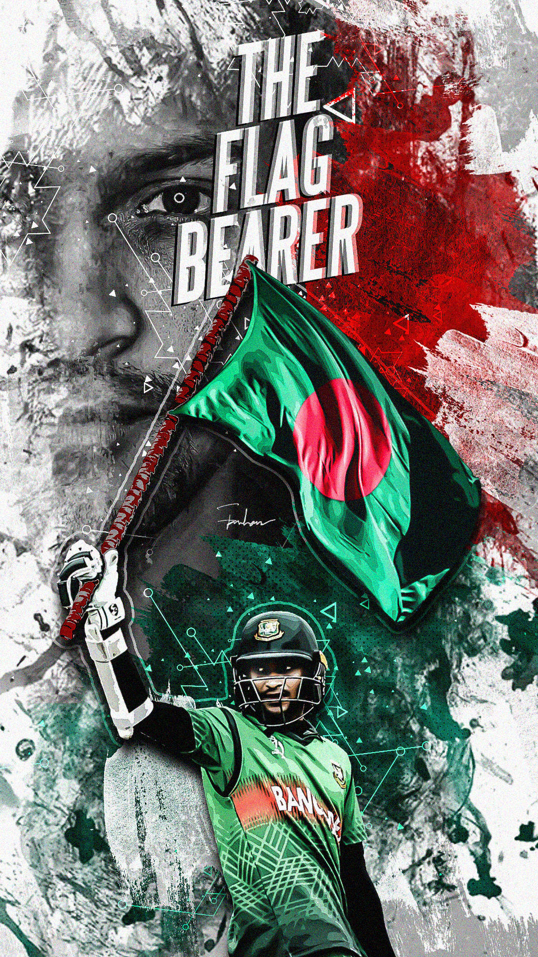 Shakib Al Hasan 桌布 壁紙 — 一名身穿綠色球衣的板球運動員在粗糙紋理背景上，自豪地高舉孟加拉國旗，並帶有大型臉部疊加效果。