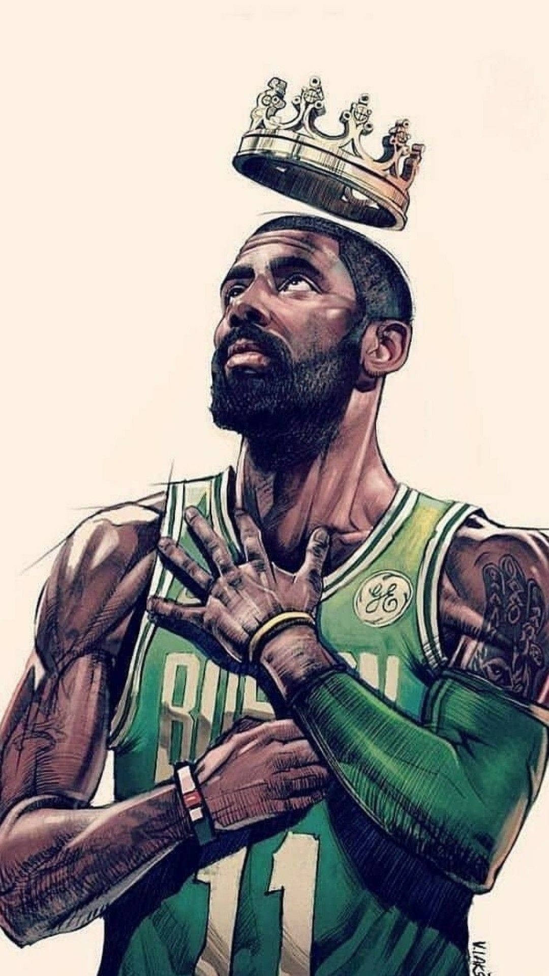Kyrie 桌布 壁紙 — 一名身穿綠色球衣的籃球運動員，頭上戴著傾斜的王冠，雙手交疊在心上，仰望上方。