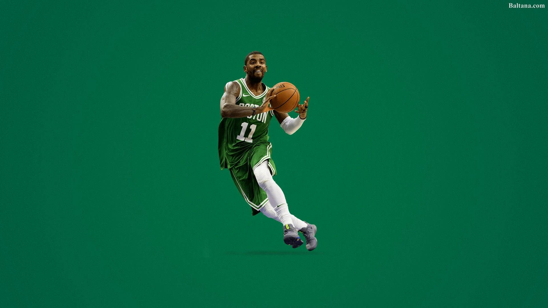 Celtics 桌布 壁紙 — 一名身穿綠色球衣的籃球運動員在純綠色背景上半空運球。
