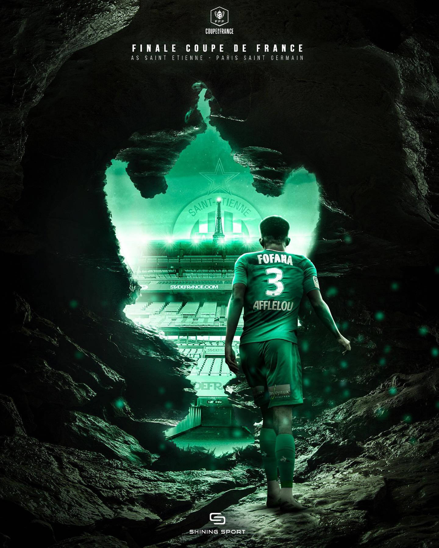 足球 桌布 壁紙 — 一名身穿綠色球衣的足球運動員站在洞穴入口，凝視著被霓虹綠光照亮的發光體育場。