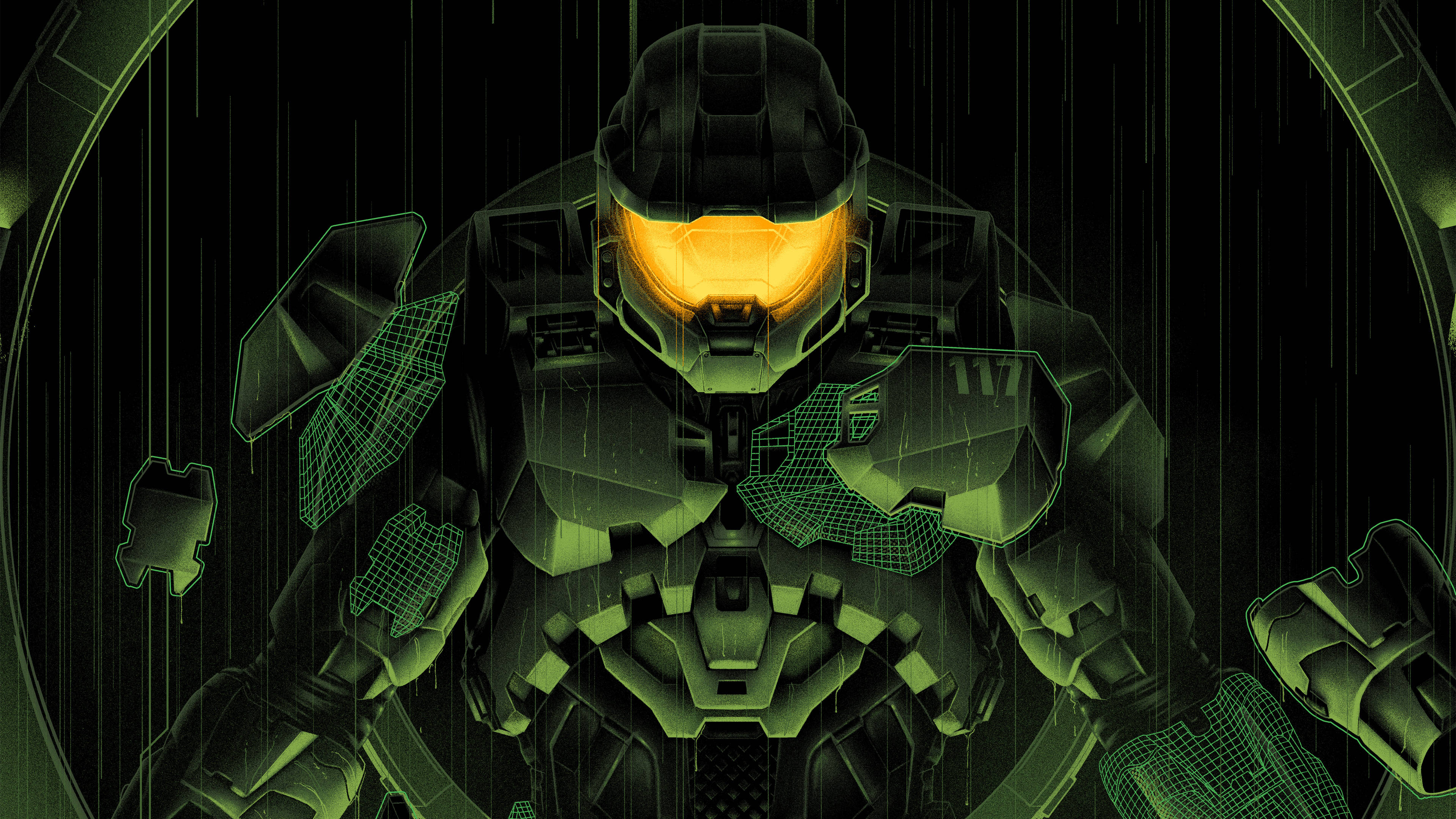 4K halo 桌布 壁紙 — 一名身穿綠色盔甲、戴著發光橙色護目鏡的未來士兵站在圓形拱門下的雨中。