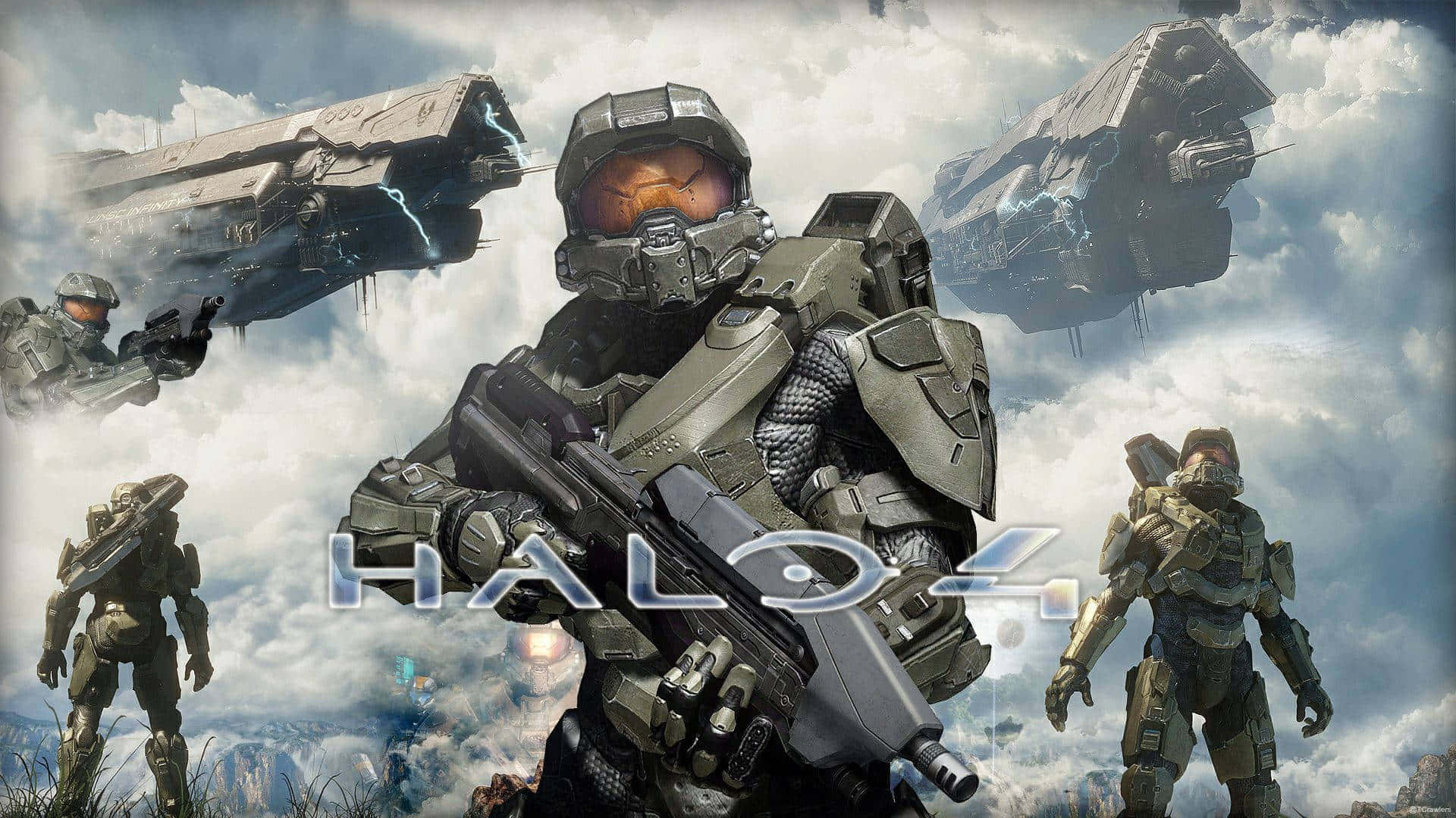 Halo Spartans 桌布 壁紙 — 一名身穿綠色盔甲的Halo 4士兵手持步槍準備就緒，戰艦在陰雲密佈的戰場上空盤旋。