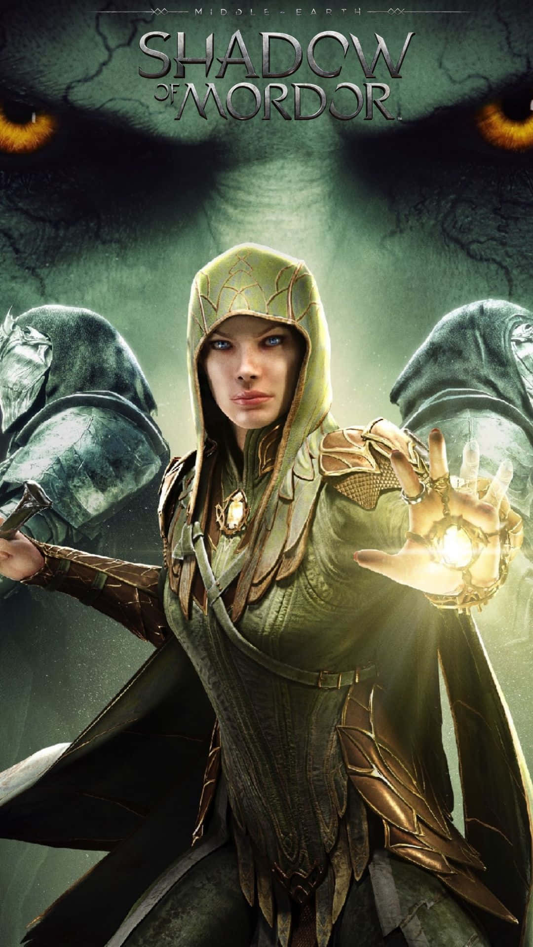 Android Shadow Of Mordor 桌布 壁紙 — 一名身穿綠色盔甲的兜帽戰士，在黑暗背景下向前伸出一個發光的球體，背景中有發光的黃色眼睛。