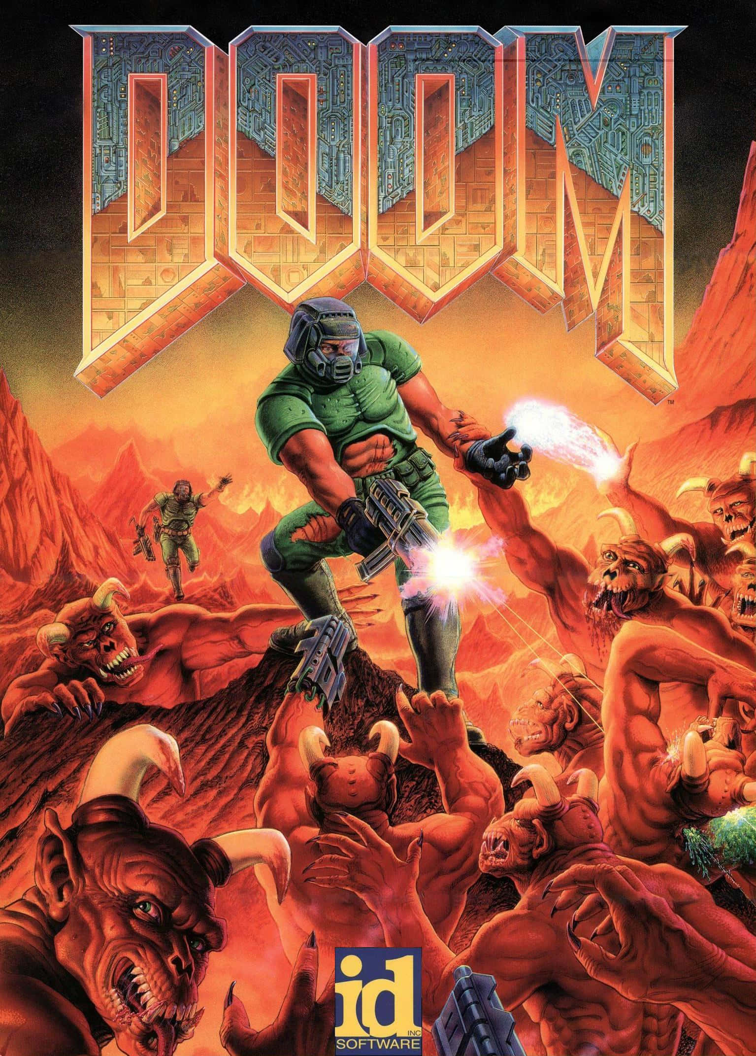 Pixel 3xl Doom 桌布 壁紙 — 一名身穿綠色盔甲的士兵在DOOM標誌下的烈火地獄場景中向惡魔生物開火。