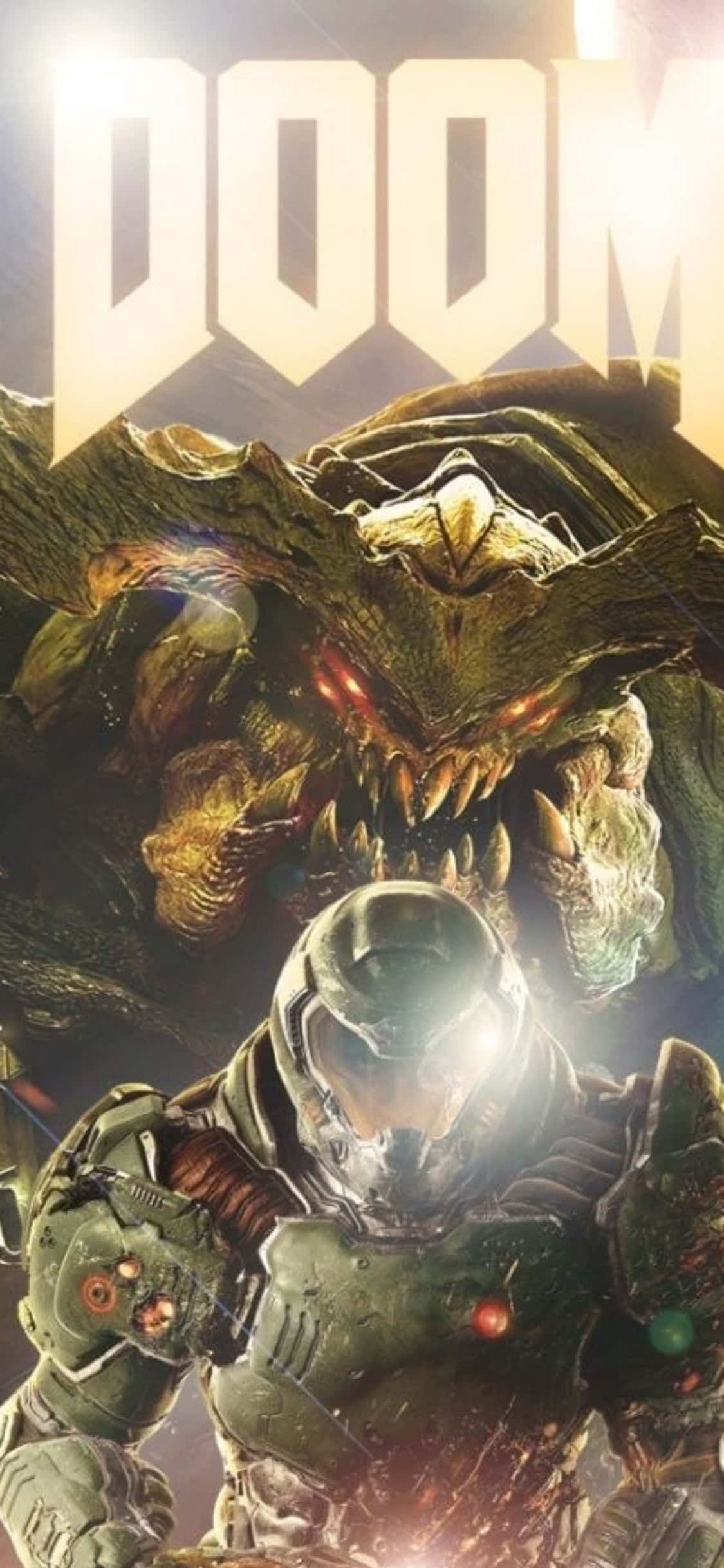 電玩遊戲 桌布 壁紙 — 一名身穿綠色盔甲的士兵在DOOM標誌下，面對一隻眼睛發出紅光的恐怖惡魔。