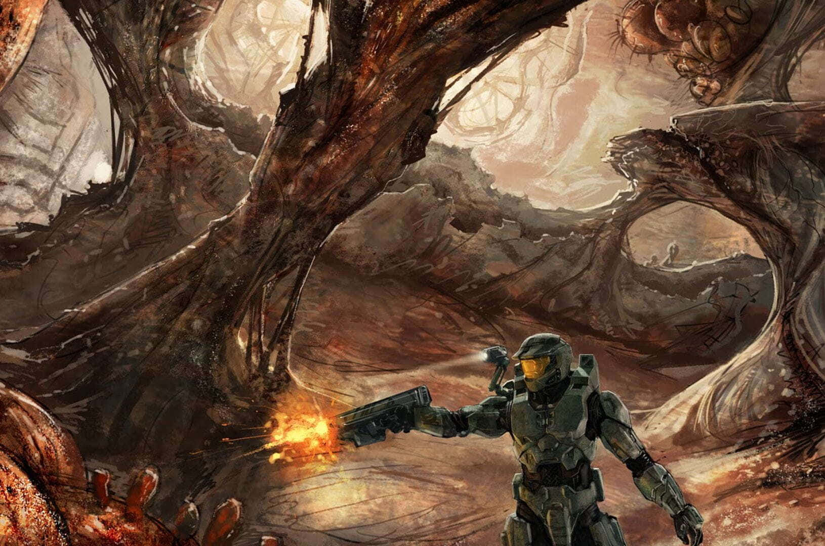 Halo Flood 桌布 壁紙 — 一名身穿綠色盔甲的士兵在荒涼、鏽紅色的外星景觀中，在巨大的外星樹根之間發射武器。