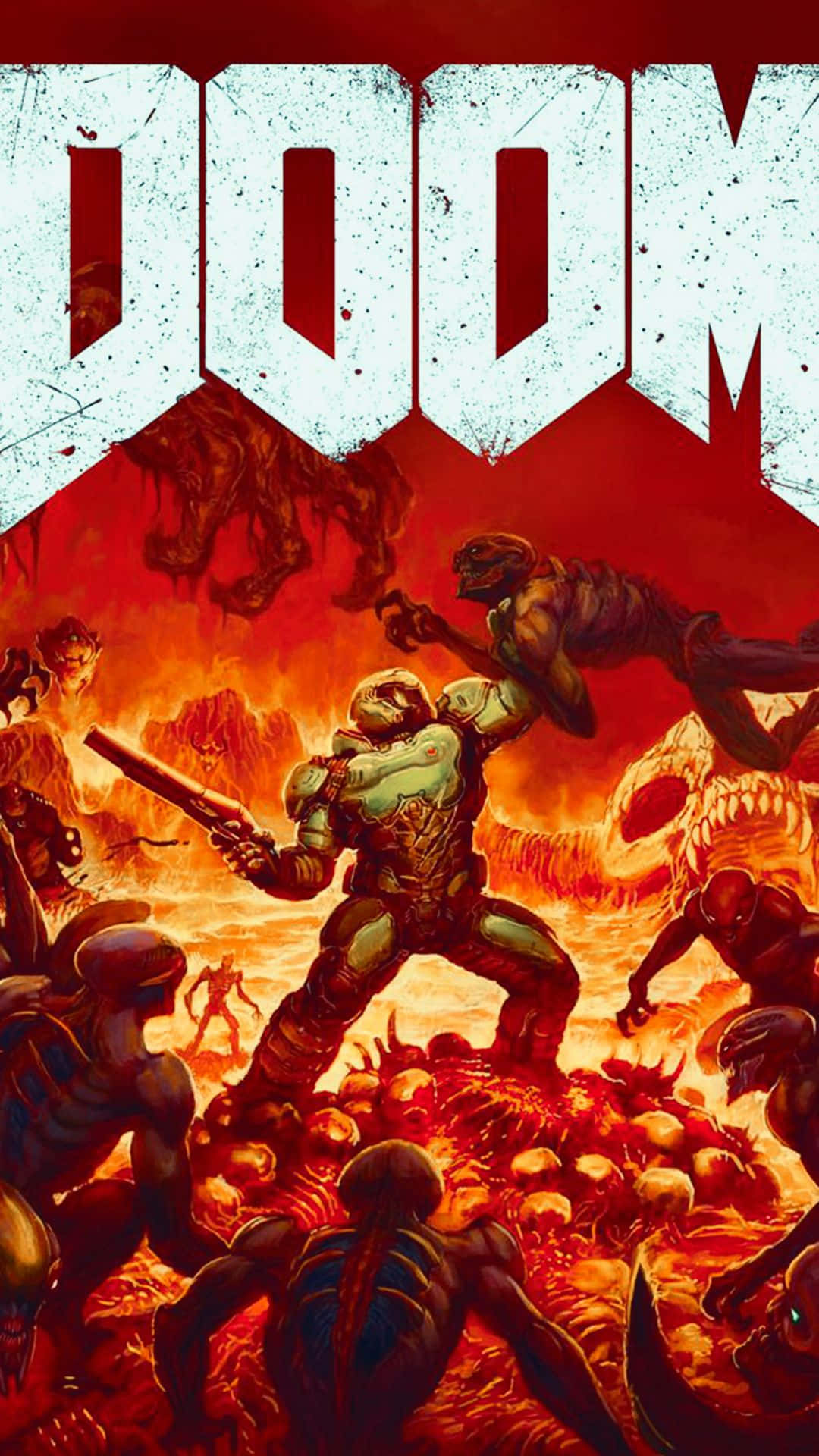 Doom 2016 桌布 壁紙 — 一名身穿綠色盔甲的士兵在血紅色的天空下，於熾熱的地獄般景觀中與惡魔生物戰鬥。