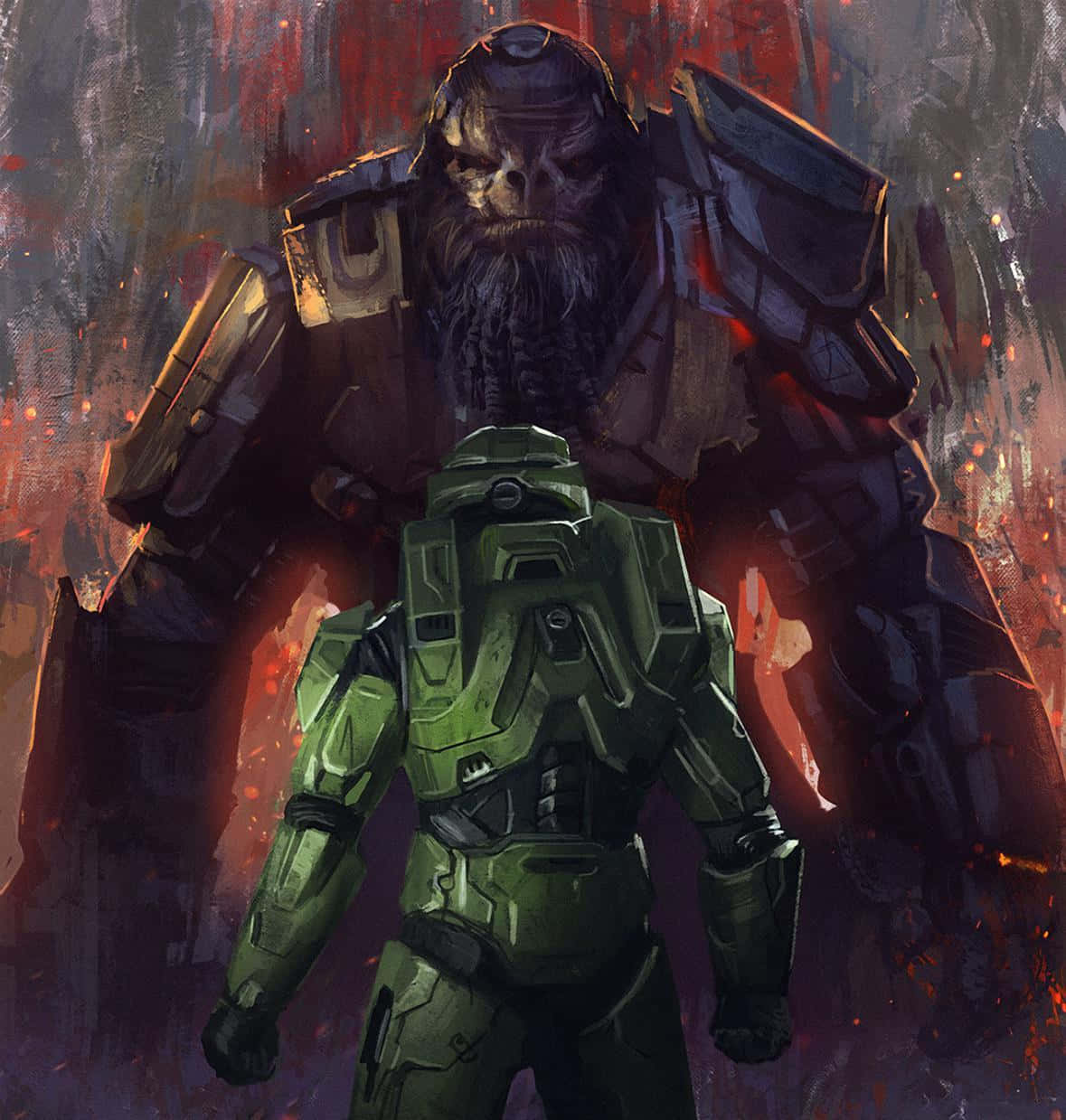 Halo Brutes 桌布 壁紙 — 一名身穿綠色盔甲的士兵站在一個有著骷髏臉和發光紅眼的巨大裝甲蠻獸面前，背景是熾熱的戰場。