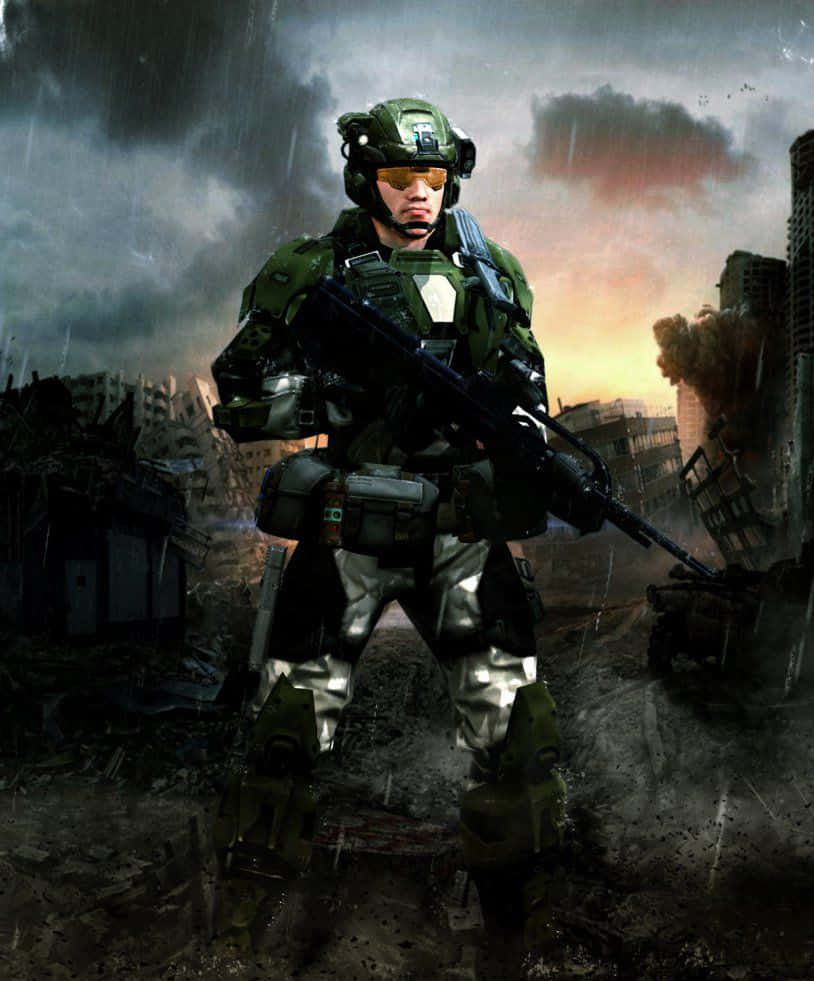Halo Unsc 桌布 壁紙 — 一名身穿綠色盔甲的士兵站在暴風雨天空下被雨水浸透的廢墟城市中。