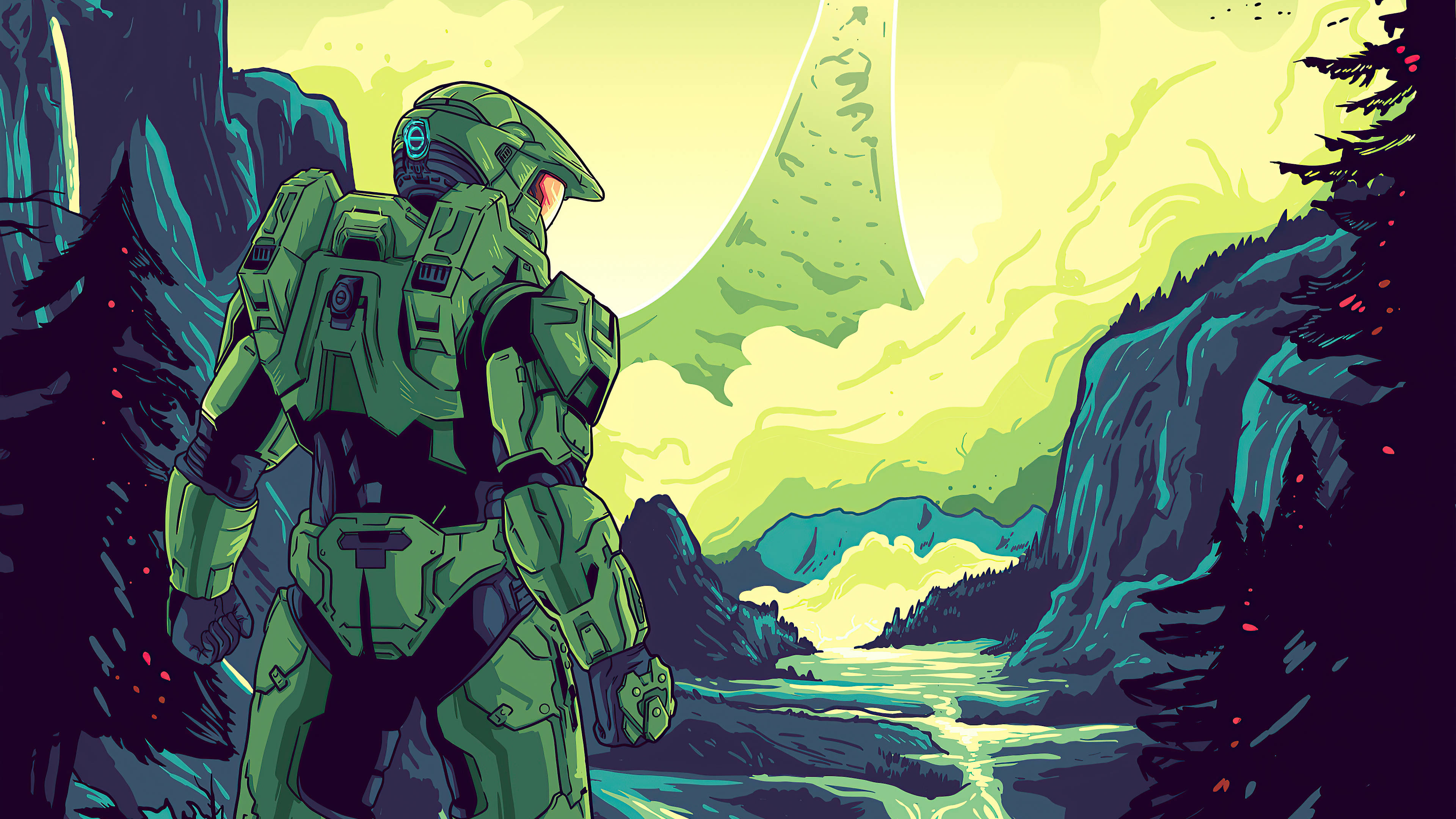 Master Chief 桌布 壁紙 — 一名身穿綠色盔甲的士兵站在森林覆蓋的山谷中，凝視著超現實黃色天空下發光的外星景觀。