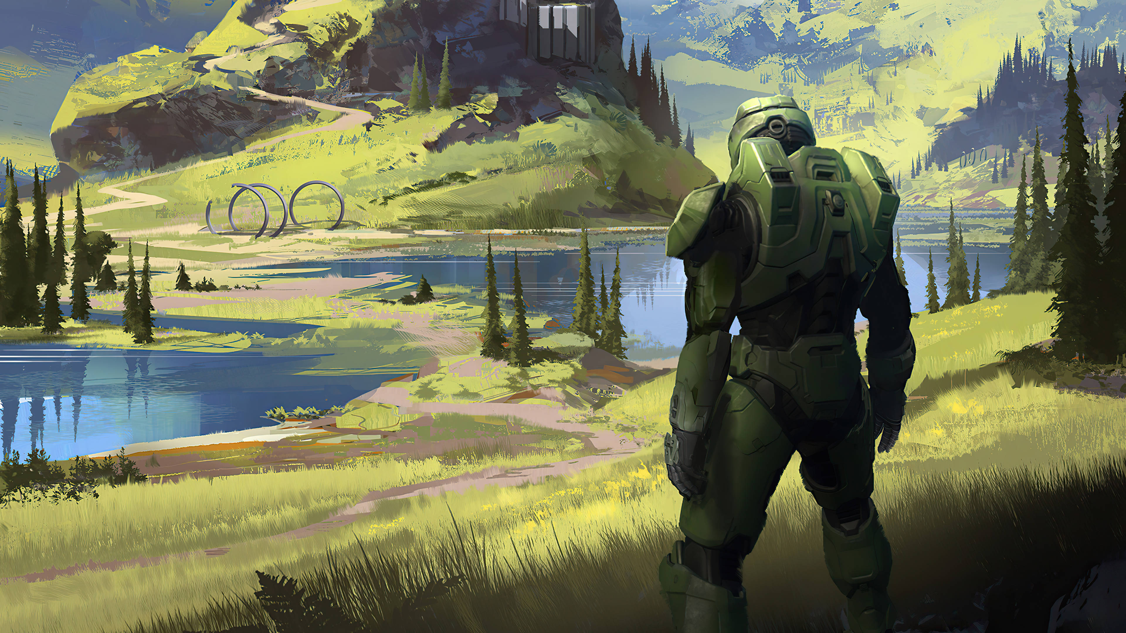 4K halo 桌布 壁紙 — 一名身穿綠色盔甲的士兵站在長滿青草的山丘上，俯瞰著寧靜的湖泊，湖中有未來風格的圓環，遠處有山脈，天空明亮。