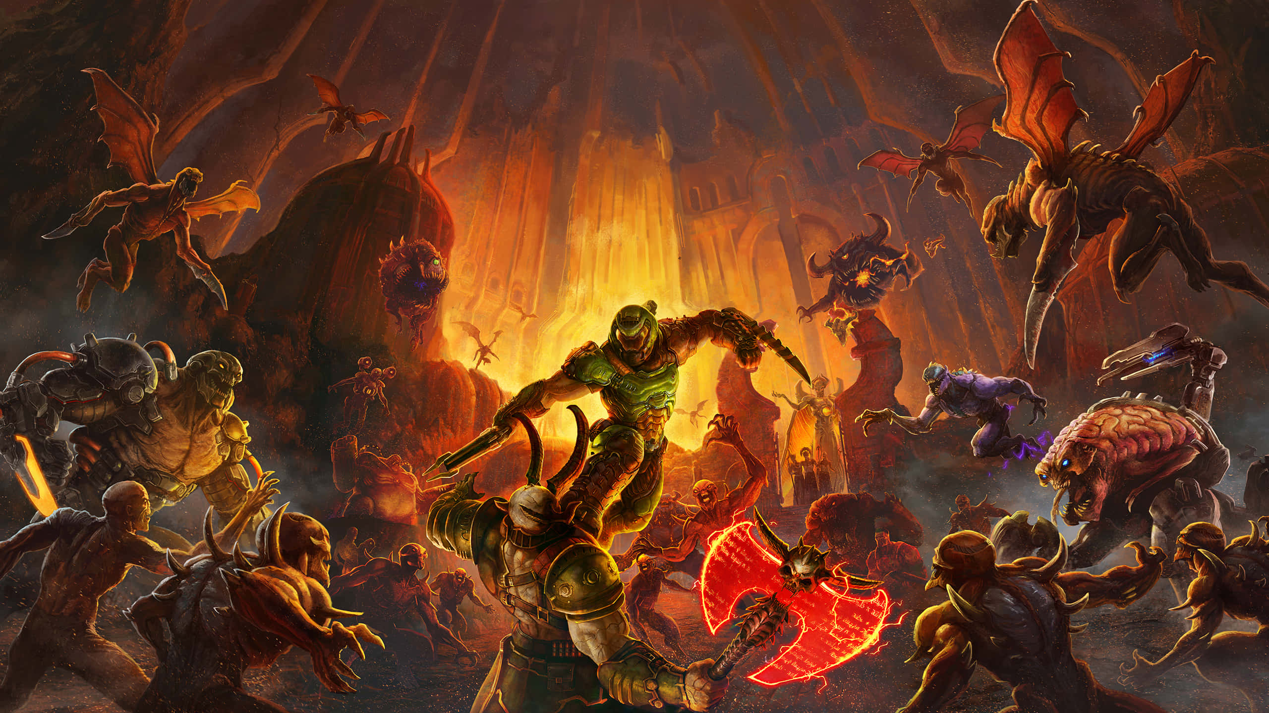1440p Doom 桌布 壁紙 — 一名身穿綠色盔甲的戰士，在火焰洞穴中與惡魔生物進行混戰，揮舞著一把發光的紅色斧頭。