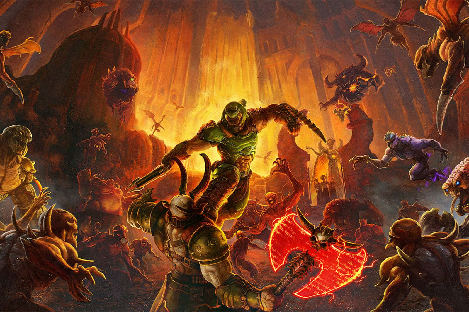 2 Player Games 桌布 壁紙 — 一名身穿綠色盔甲的戰士，在熾熱洞穴中與怪誕惡魔進行混戰，揮舞著火焰戰斧。