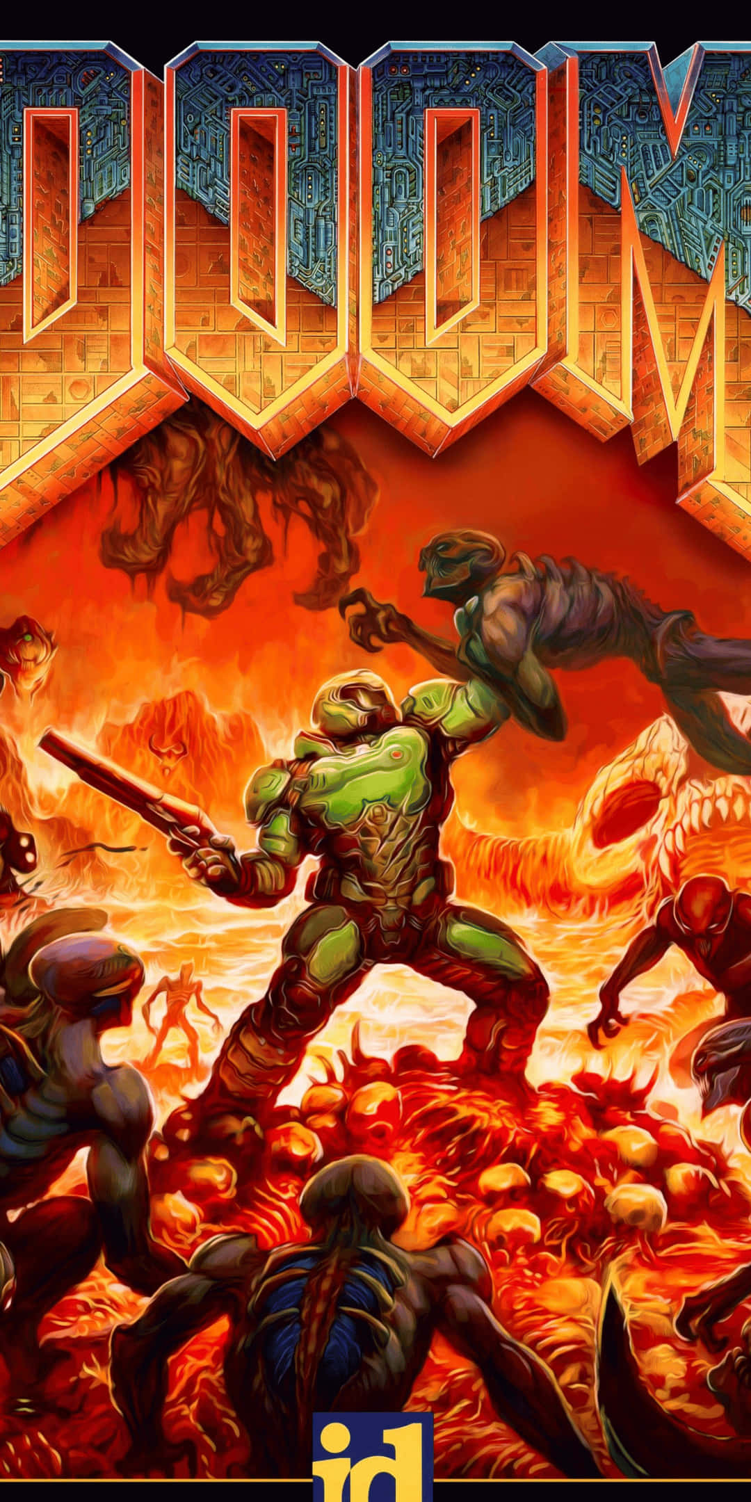 Pixel 3 Doom 桌布 壁紙 — 一名身穿綠色盔甲的戰士在 Doom 標誌下，於熾熱的地獄景觀中與惡魔生物戰鬥。