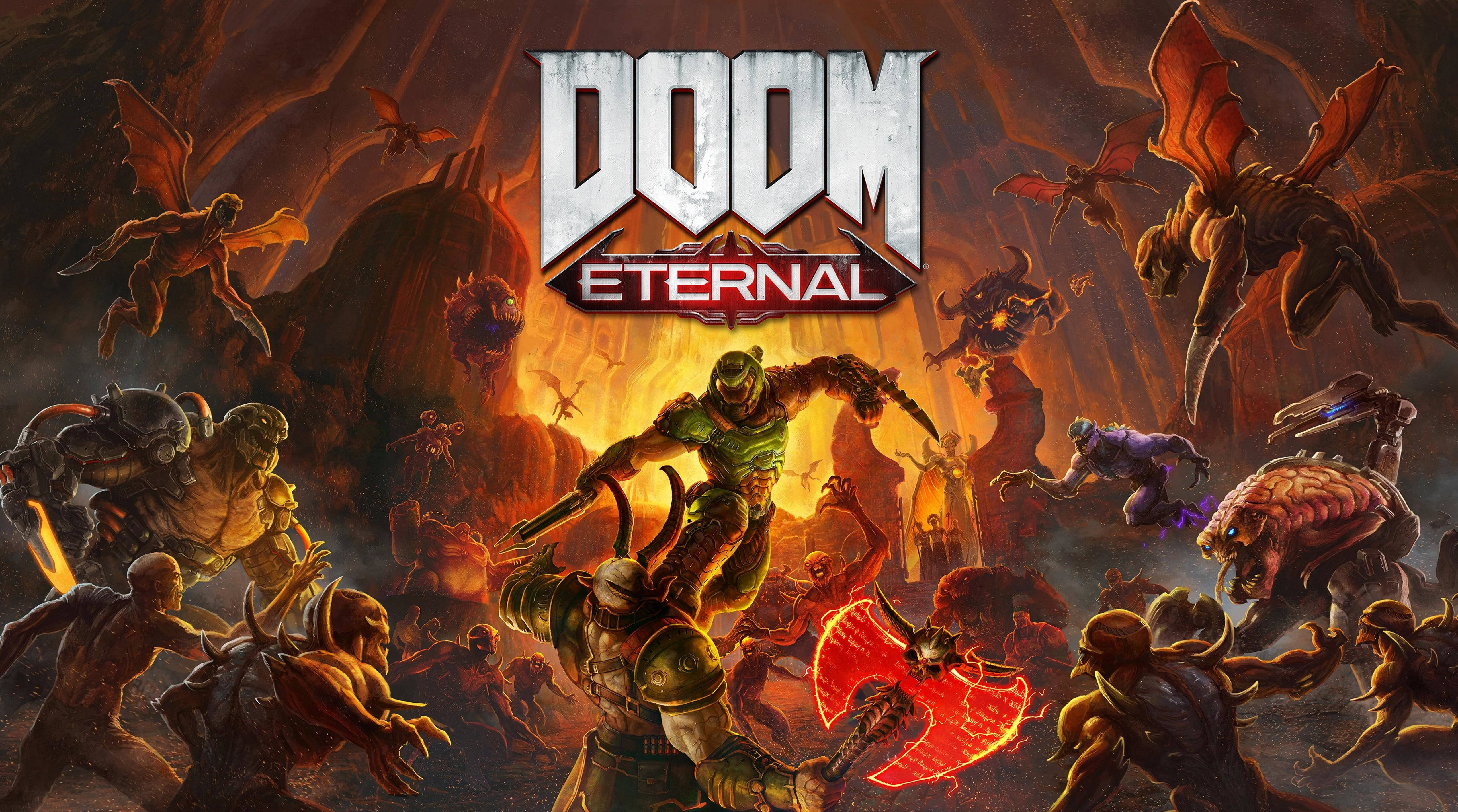Doomguy 桌布 壁紙 — 一名身穿綠色盔甲的戰士在 Doom Eternal 標誌下的火熱地獄景觀中與惡魔生物戰鬥。