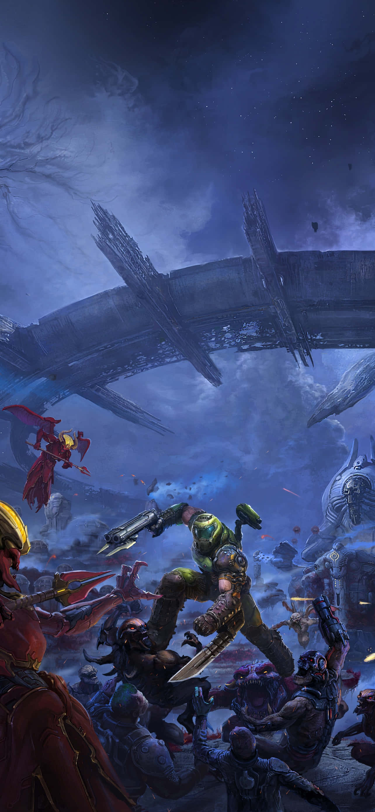 Doom Slayer 桌布 壁紙 — 一名身穿綠色盔甲的戰士在暴風雨夜空的破碎橋樑下與成群敵人作戰。