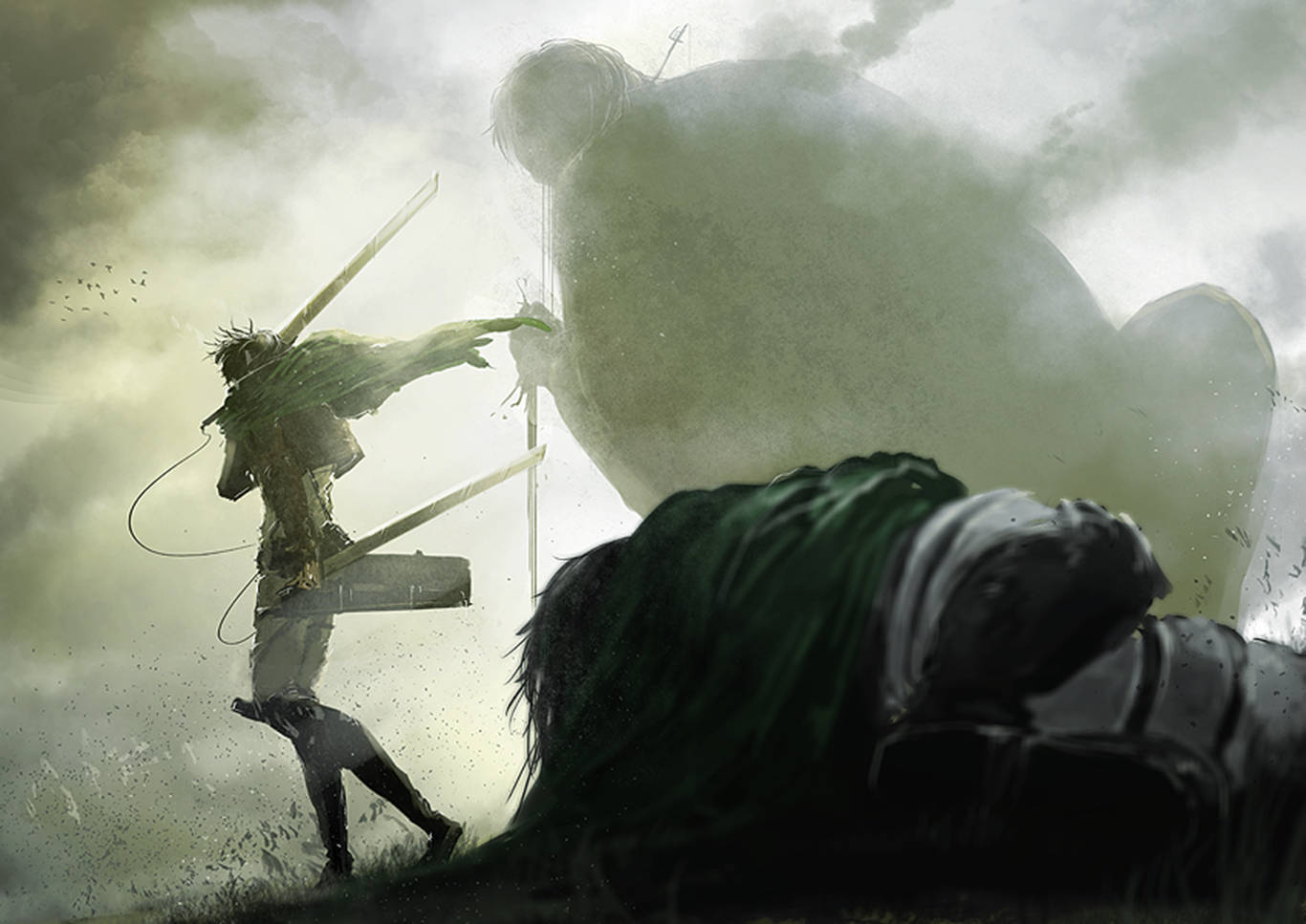 levi aesthetic 桌布 壁紙 — 一名身穿綠色盔甲的戰士在暴風雨般的戰場上，揮劍衝向一個巨大的巨人，身旁是倒下的同伴。