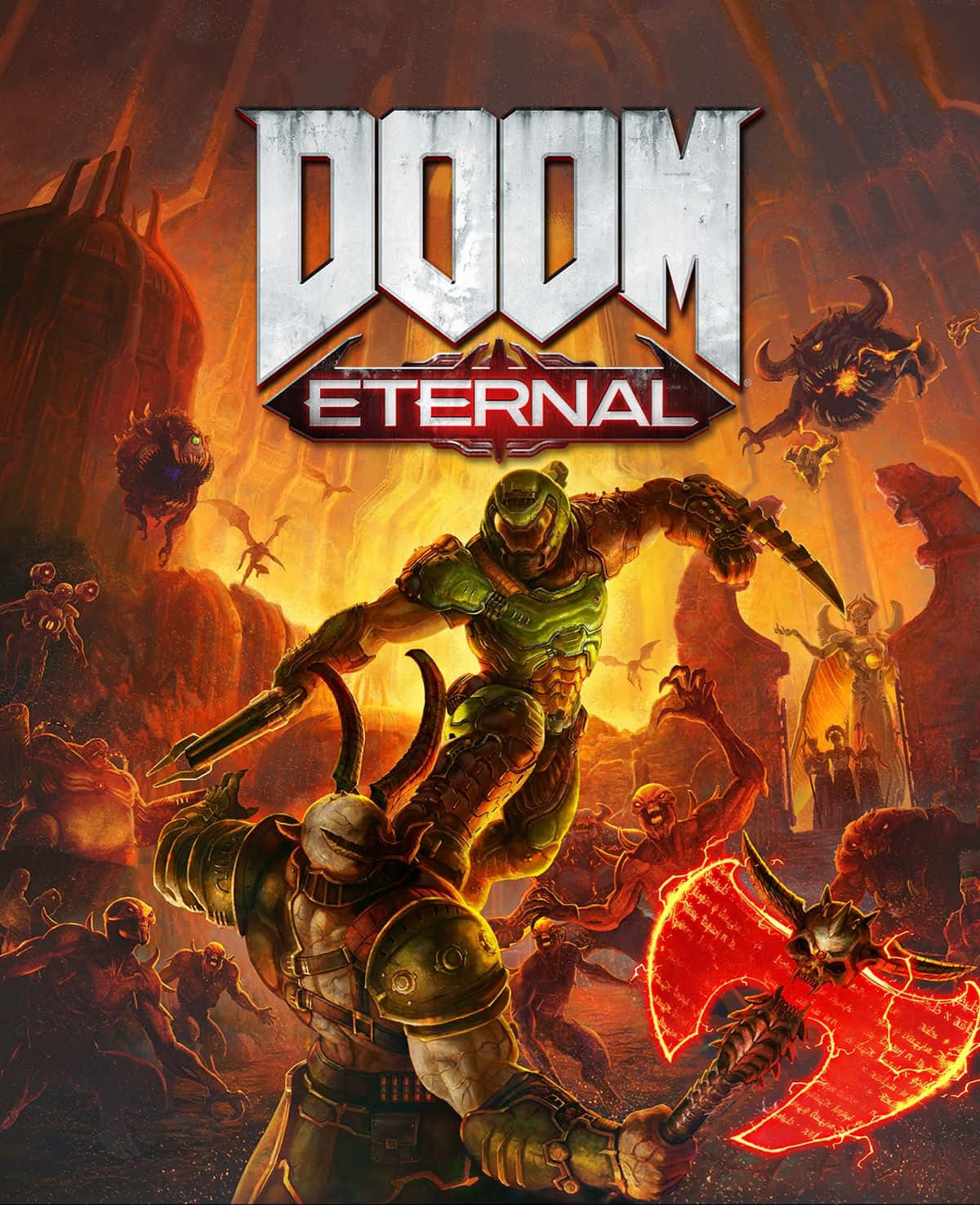 Doom Eternal 桌布 壁紙 — 一名身穿綠色盔甲的戰士在熾熱的地獄景觀中揮舞著火焰斧頭對抗惡魔大軍。