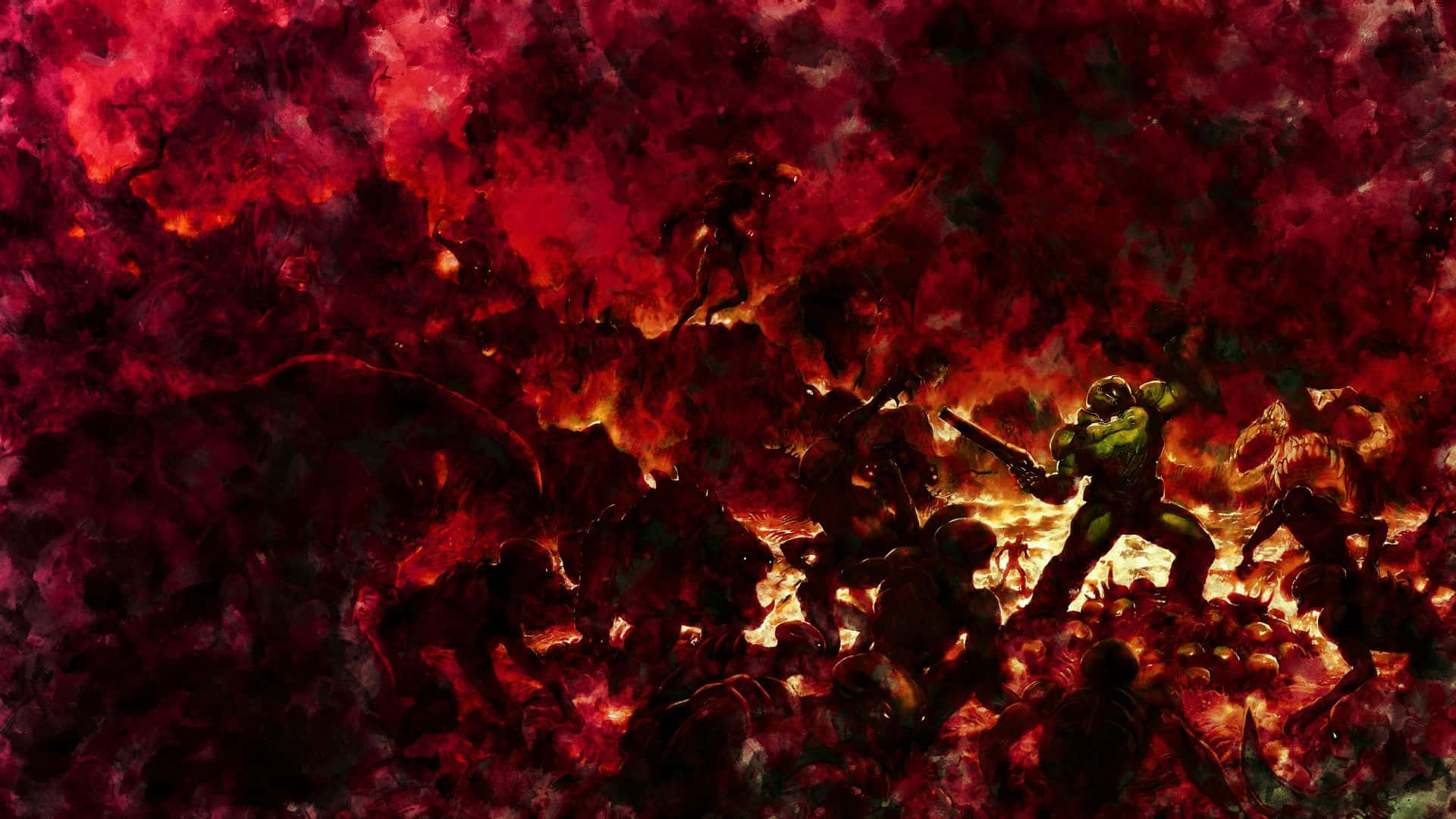 doom HD 桌布 壁紙 — 一名身穿綠色盔甲的戰士在熾熱的紅色和黑色地獄般的景觀中與怪物般的生物戰鬥。