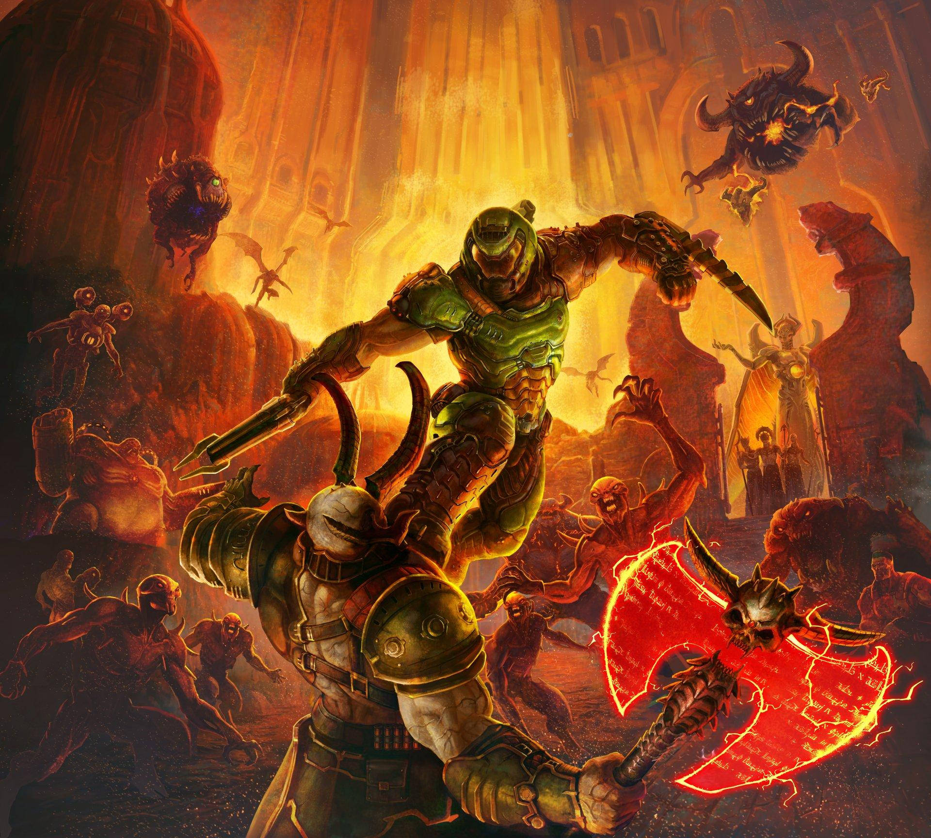 doom HD 桌布 壁紙 — 一名身穿綠色盔甲的戰士在燃燒的大教堂廢墟中，用發光的紅色武器與惡魔生物戰鬥。