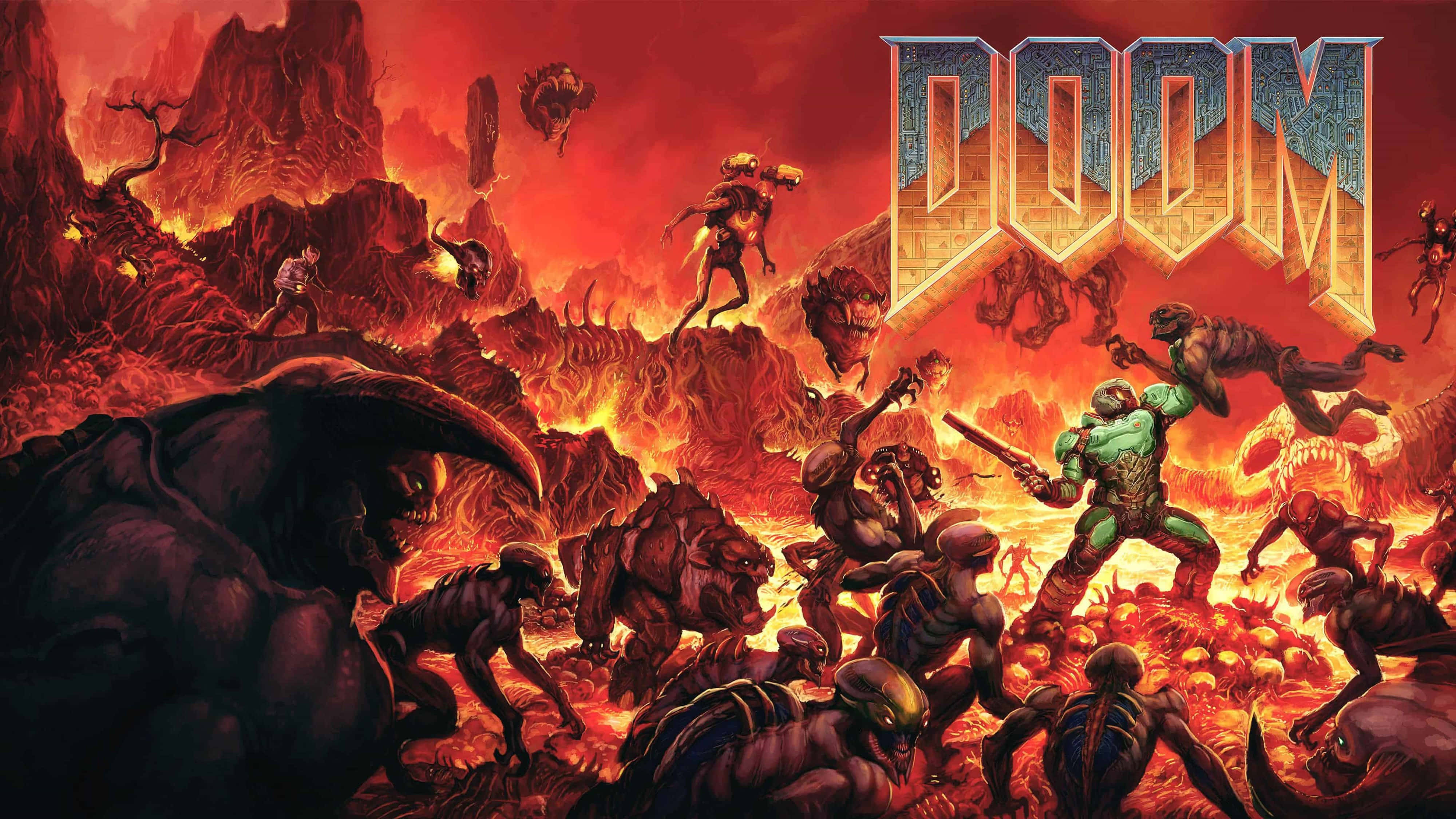Doom Eternal 4K 桌布 壁紙 — 一名身穿綠色盔甲的戰士在血紅色的天空下，於熾熱的地獄景觀中與惡魔生物戰鬥。