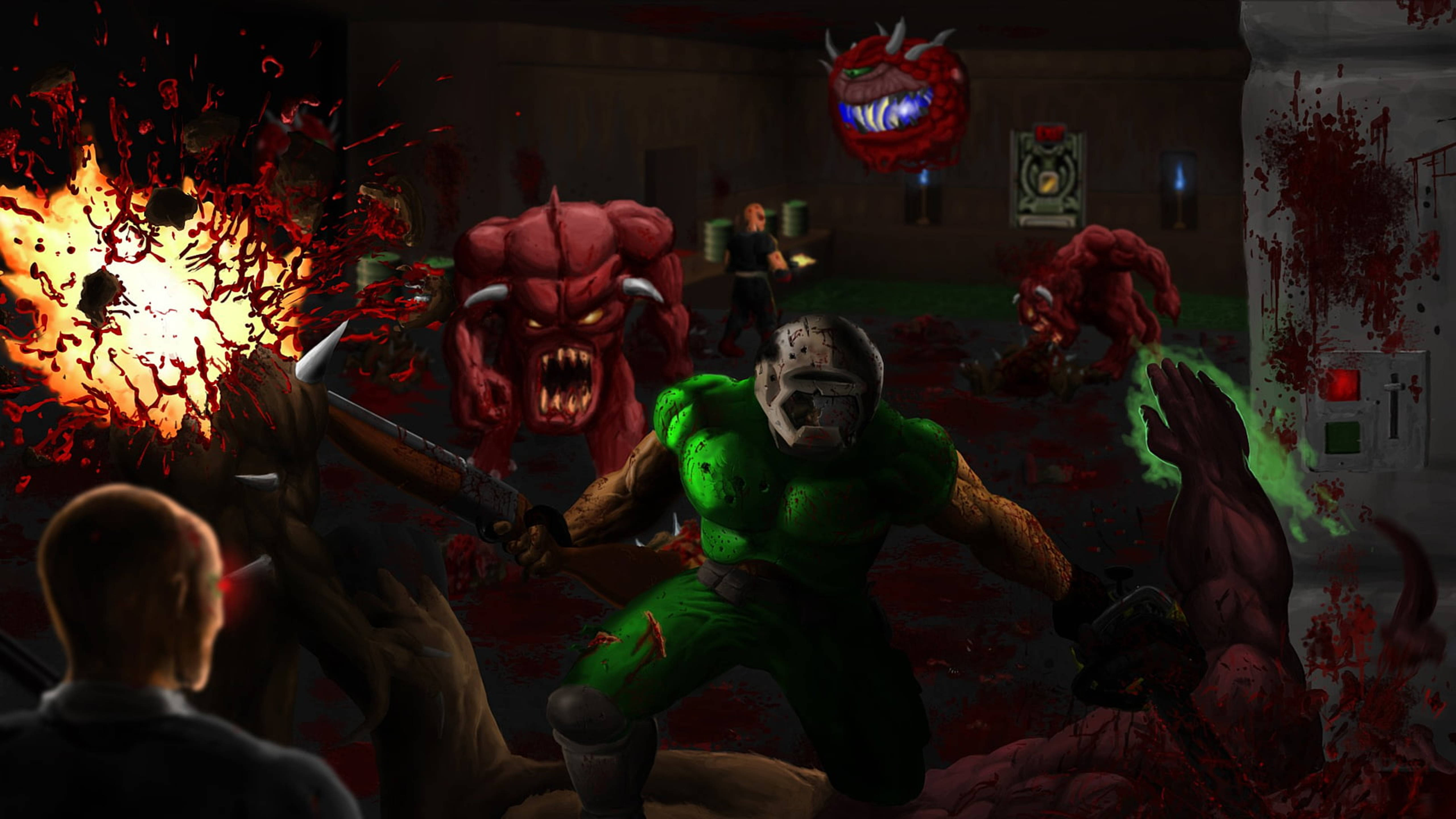 Doomguy 桌布 壁紙 — 一名身穿綠色盔甲的戰士在血跡斑斑的室內競技場中與怪誕的紅色怪物戰鬥，伴隨著火焰爆炸和發光的眼睛。