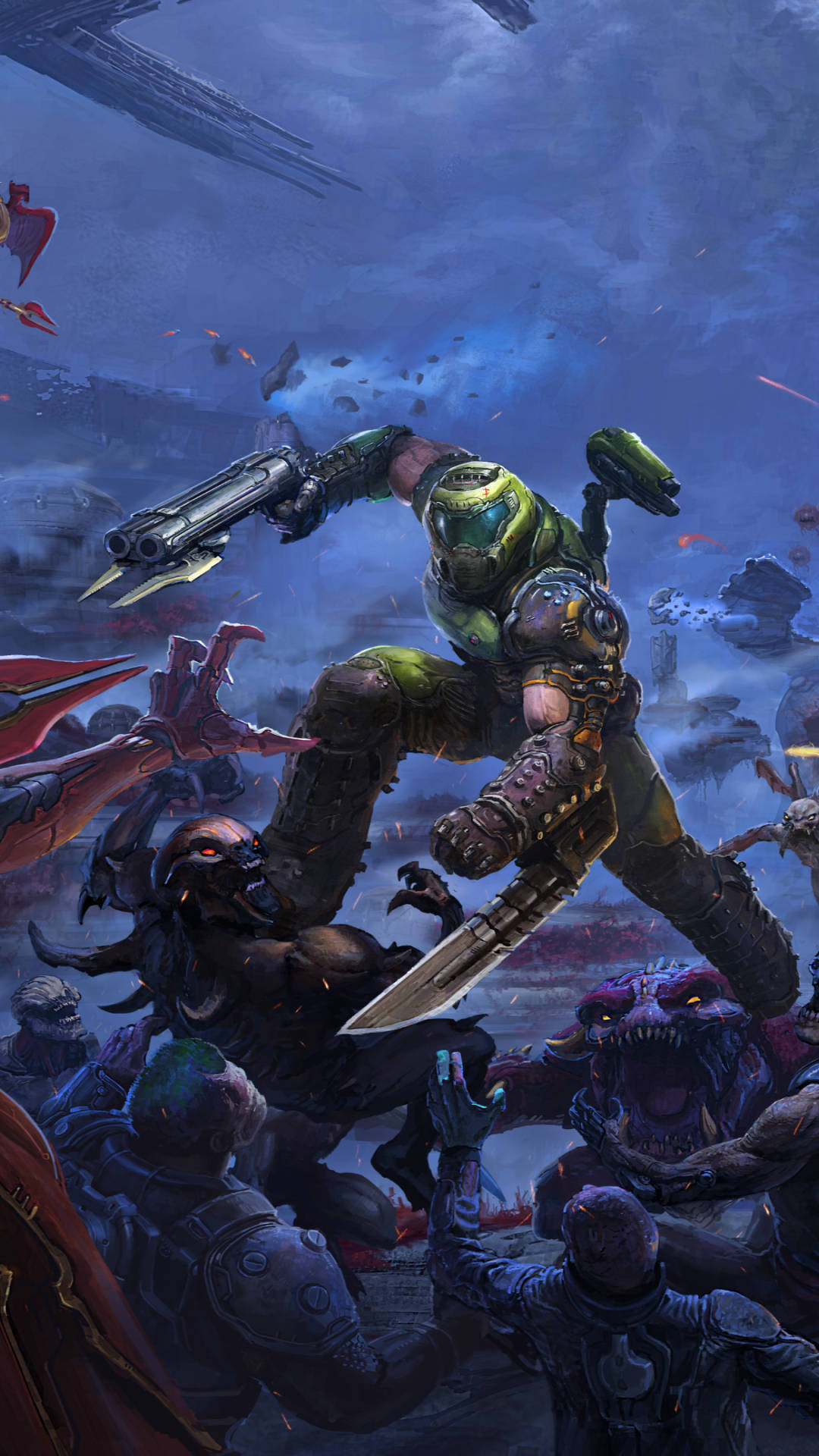 Doomguy 桌布 壁紙 — 一名身穿綠色盔甲的戰士在風暴般的外星戰場上，與飛揚的碎片和遠處的船隻之間，與怪誕的怪物戰鬥。
