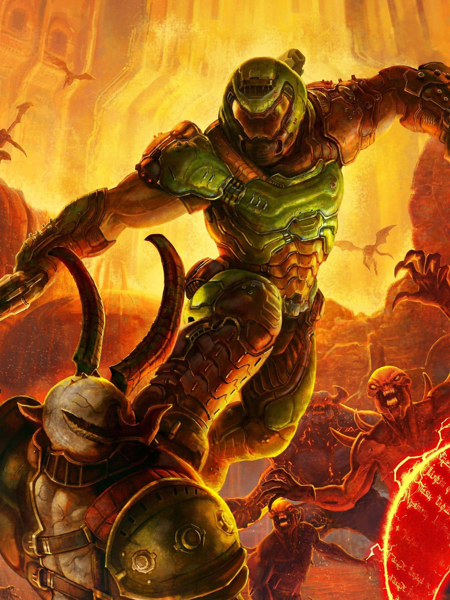 Doom Slayer 桌布 壁紙 — 一名身穿綠色盔甲的戰士穿過熾熱的地獄般景觀，與惡魔生物戰鬥。