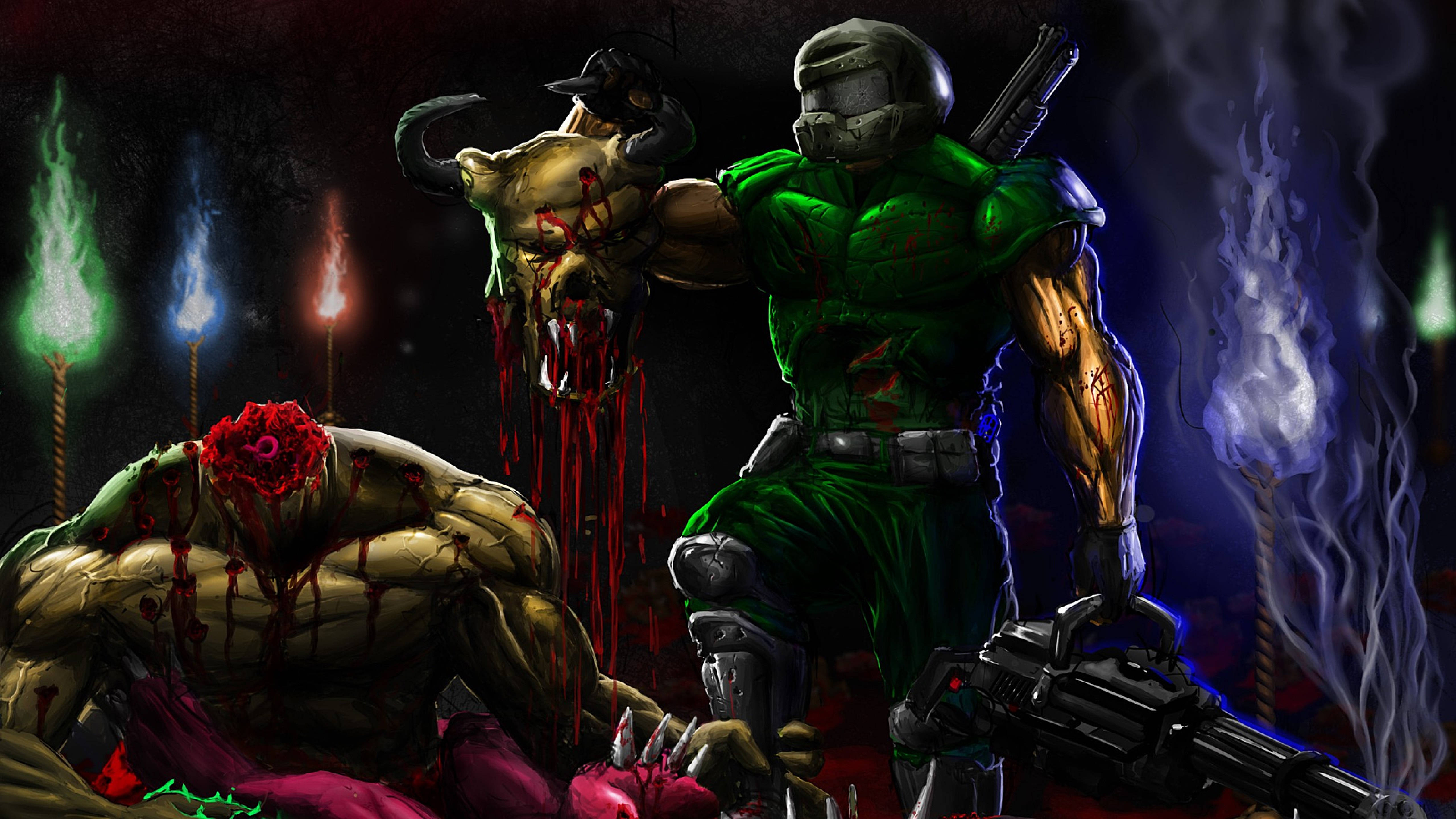 Doomguy 桌布 壁紙 — 一名身穿綠色盔甲的戰士站在一個黑暗的房間裡，在發光的火炬和鮮血照耀下，俯視著一個倒下的牛頭敵人。
