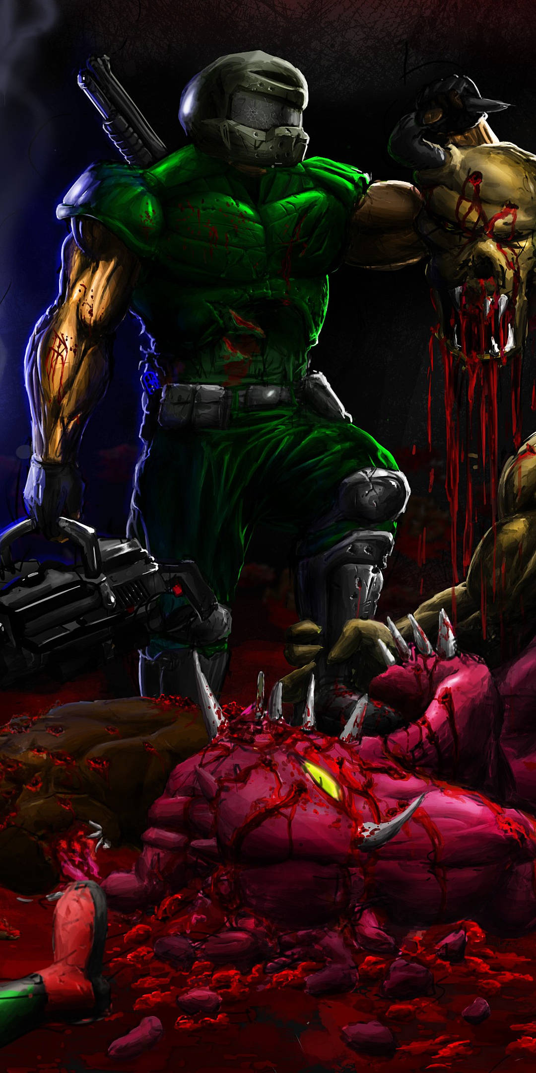 Doom iPhone 桌布 壁紙 — 一名身穿綠色盔甲的戰士站在血跡斑斑的戰場上，手持槍枝和一個被斬下的頭顱。