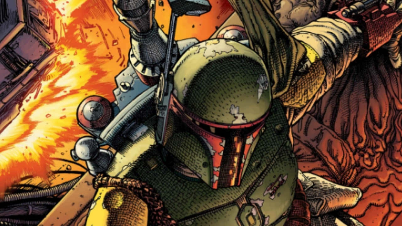The War Of The Bounty Hunters 桌布 壁紙 — 一名身穿綠色盔甲的曼達洛戰士，在熾熱的爆炸和碎片中，以粗獷的漫畫風格挑釁地站立。