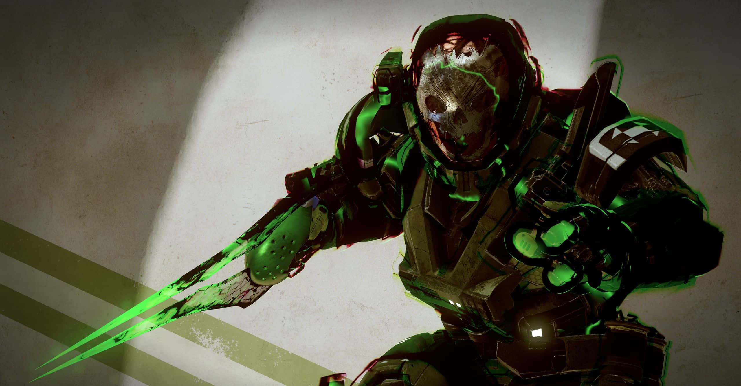 Halo Emile 桌布 壁紙 — 一名身穿綠色盔甲的未來士兵在戲劇性聚光燈下，對著有紋理的牆壁揮舞著發光的刀刃。