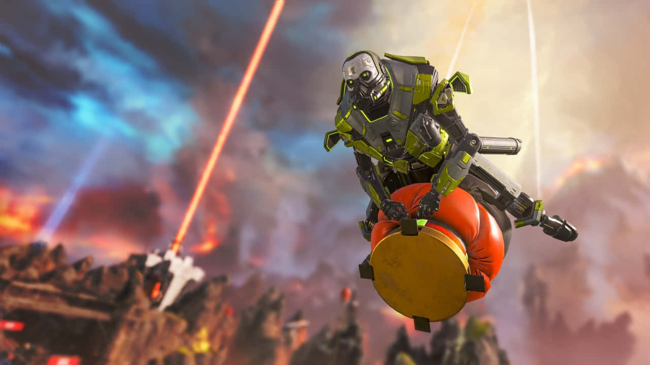 720p Apex Legends 桌布 壁紙 — 一名身穿綠色盔甲的未來士兵騎著一個巨大的橙色拳擊手套，穿過充滿雷射光束的火焰天空。