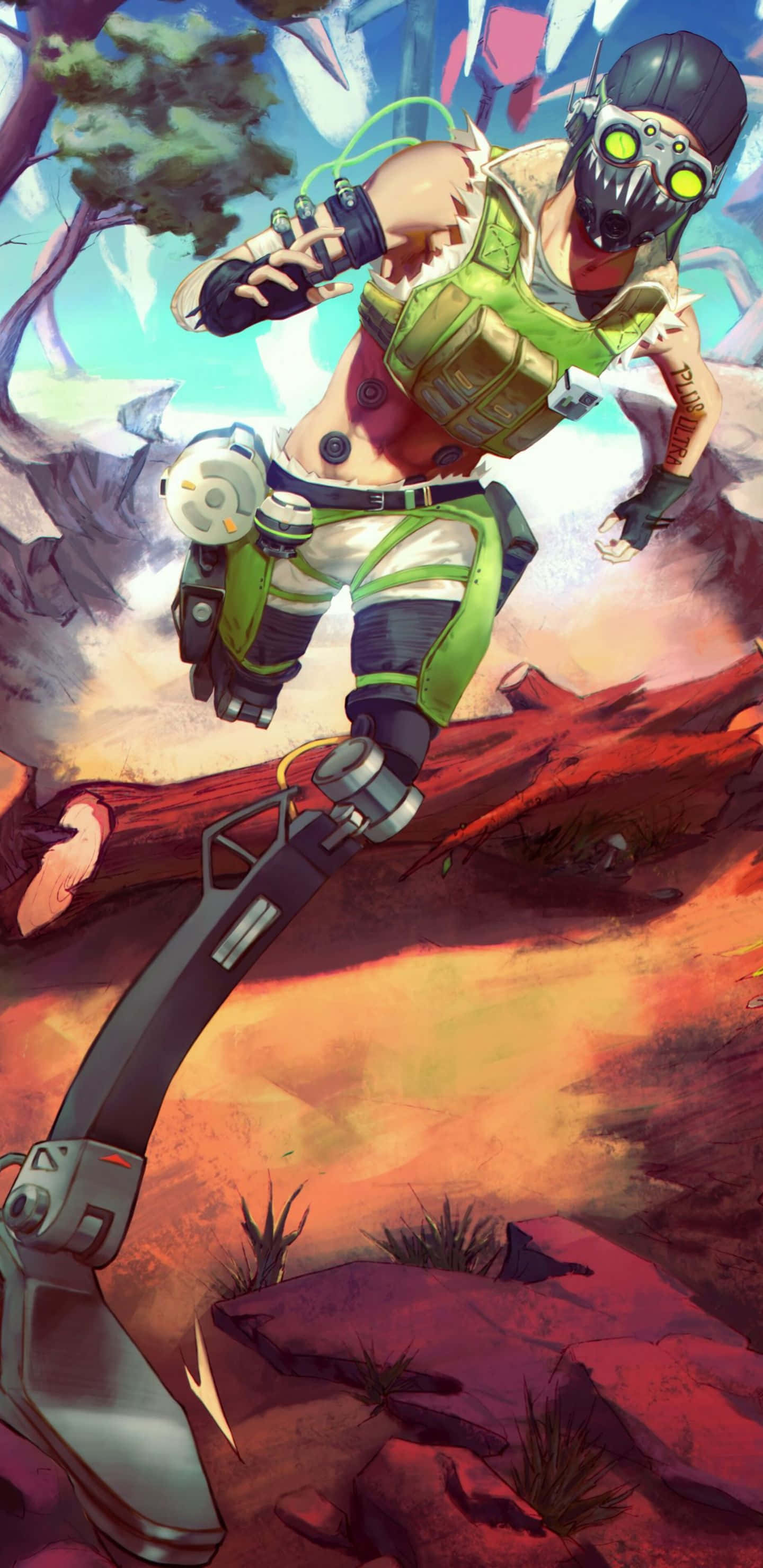 Pixel 3xl Apex Legends 桌布 壁紙 — 一名身穿綠色盔甲的賽博龐克戰士，帶著發光的眼睛和未來裝備，跳過岩石沙漠景觀。