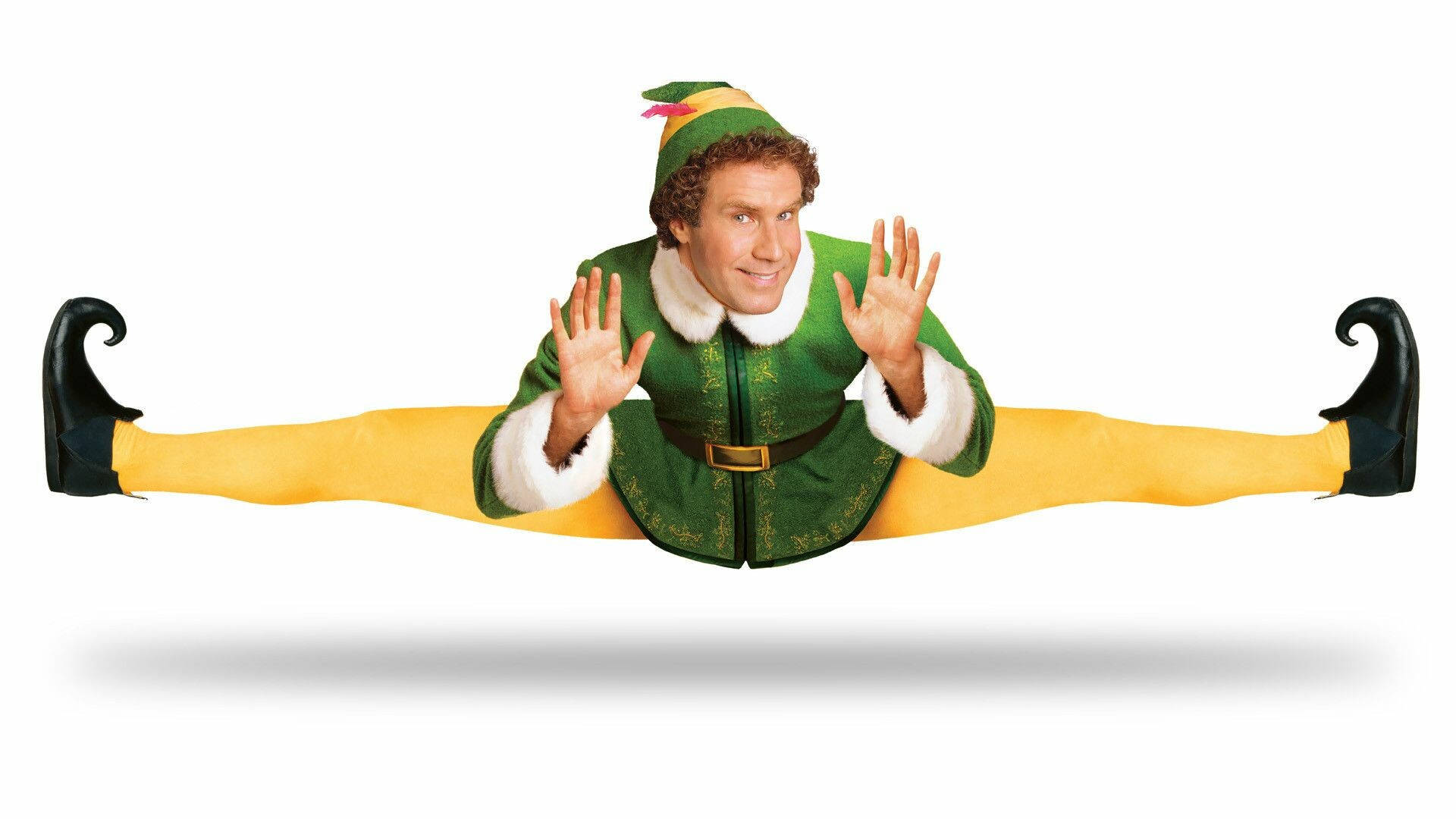 will ferrell 桌布 壁紙 — 一名身穿綠色精靈服裝的男子在白色背景上開腿，表情愉快。