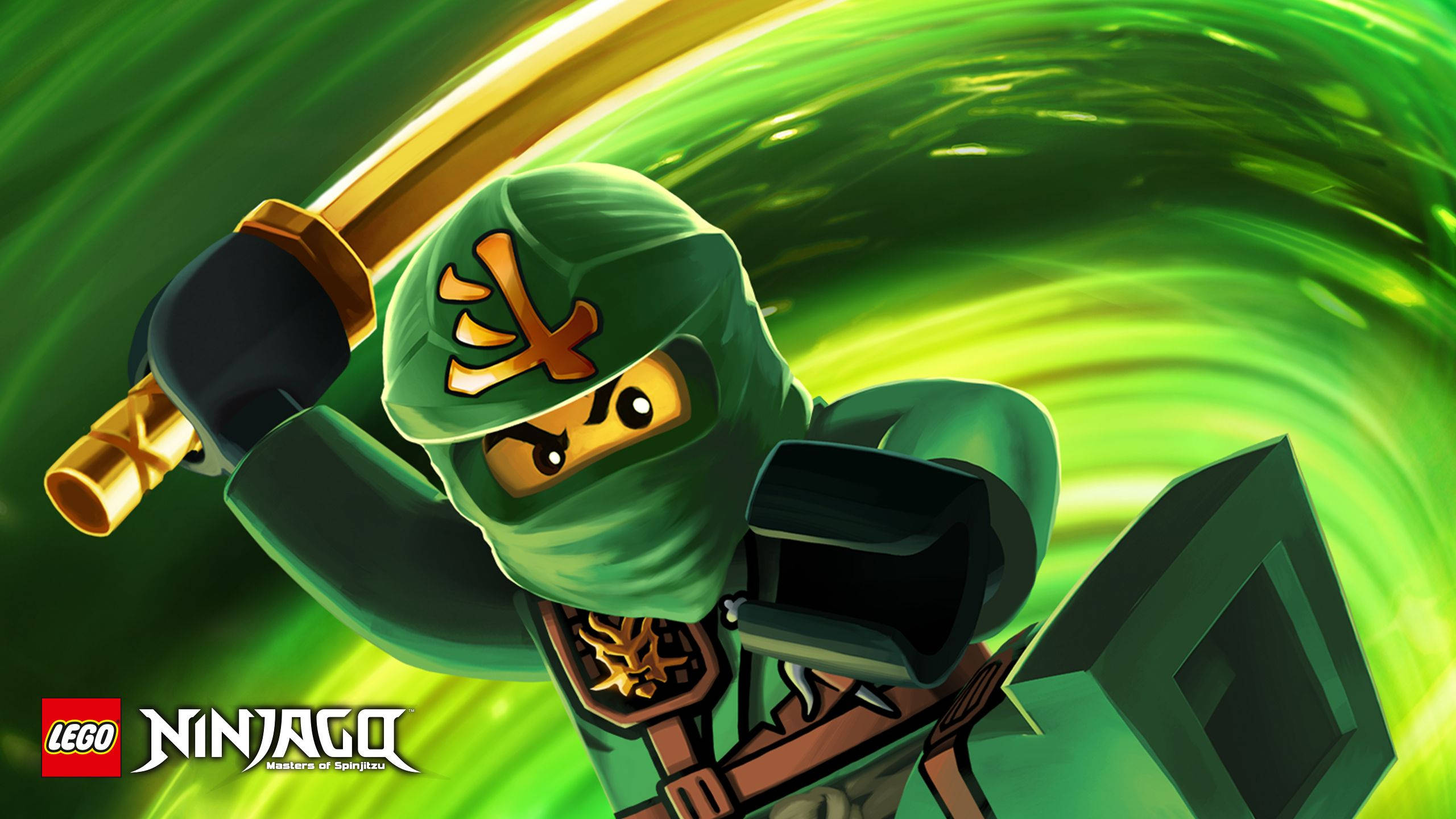 Ninjago 桌布 壁紙 — 一名身穿綠色衣服的LEGO忍者揮舞著金色劍，對抗旋轉的翠綠色能量漩渦。