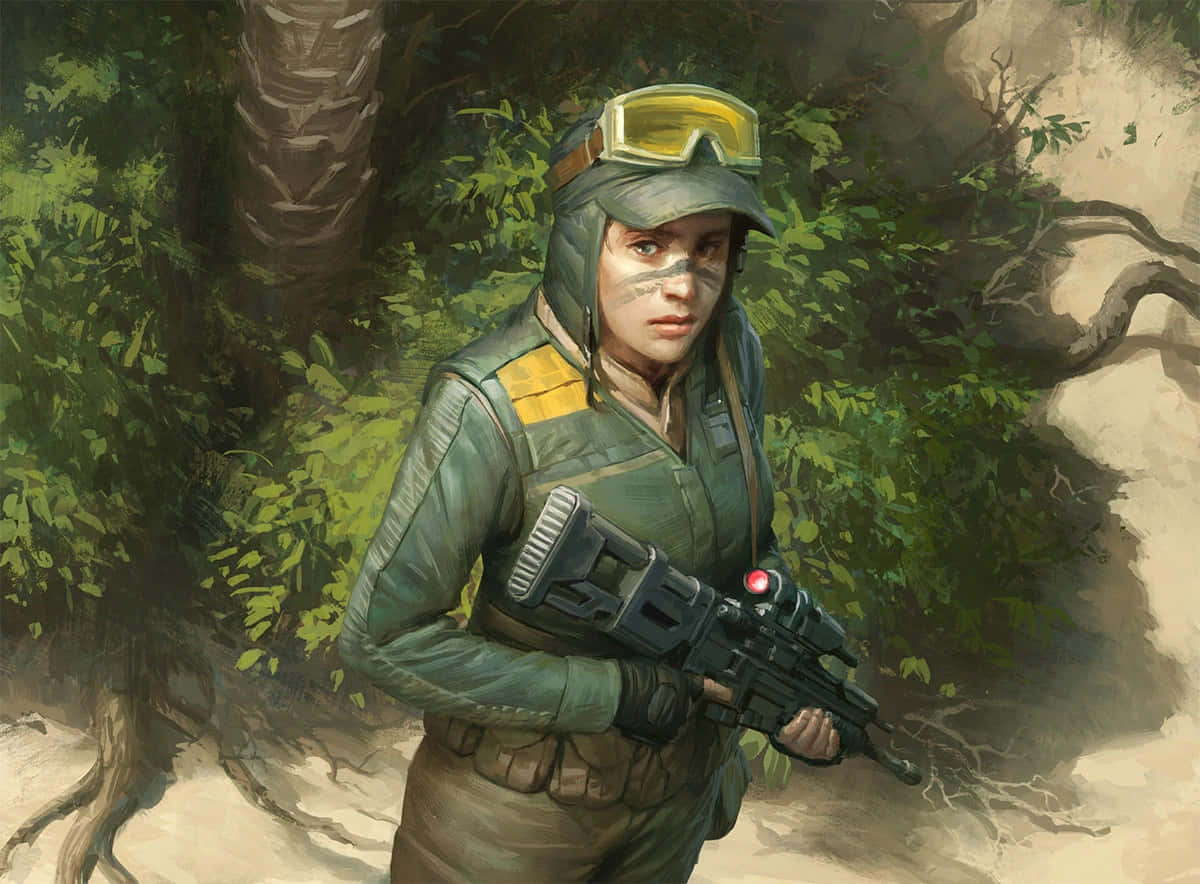 Blaster Rifles 桌布 壁紙 — 一名身穿綠色裝備、戴著黃色護目鏡和臉部塗裝的士兵，在茂密的叢林中手持未來步槍保持警覺。