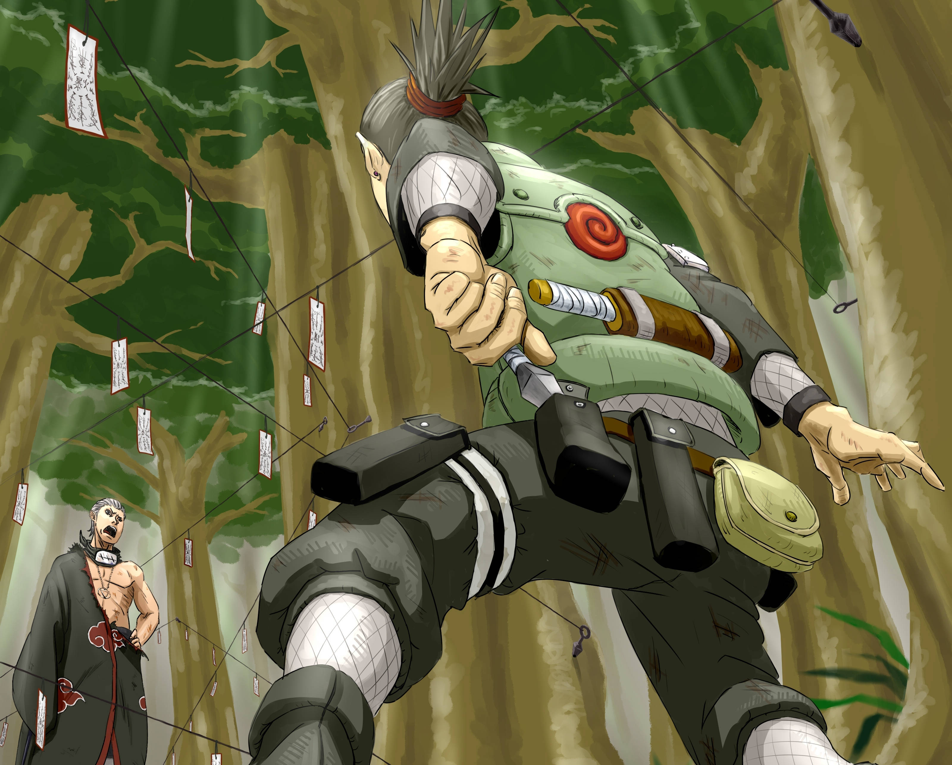 Shikamaru 桌布 壁紙 — 一名身穿綠色裝備的忍者跳躍穿過森林，紙標籤在空中飛舞，另一名忍者從下方觀看。
