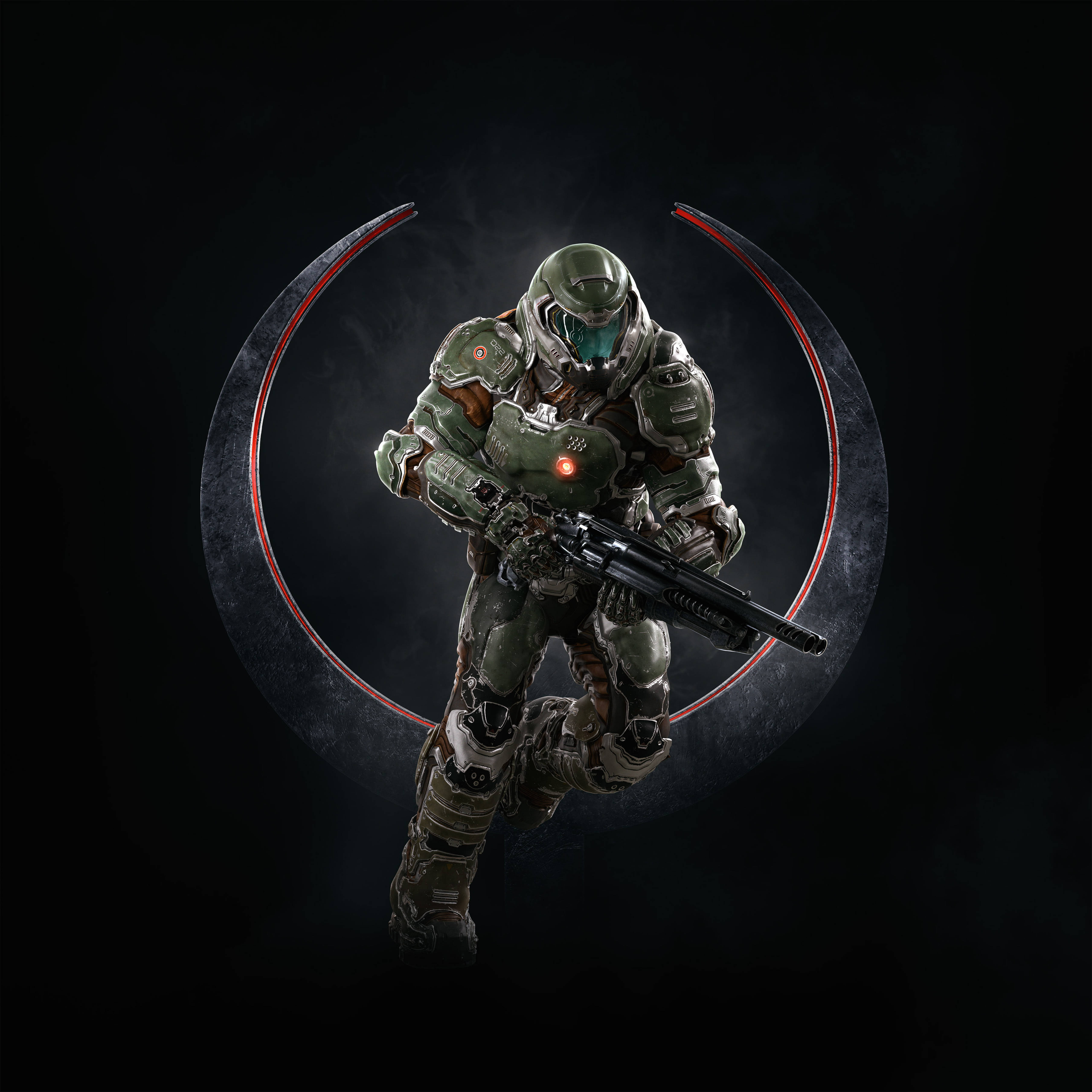 Doomguy 桌布 壁紙 — 一名身穿綠色裝甲服、眼睛和武器發出紅光的士兵，在黑暗背景中站在一個發光的紅色圓形框架內。
