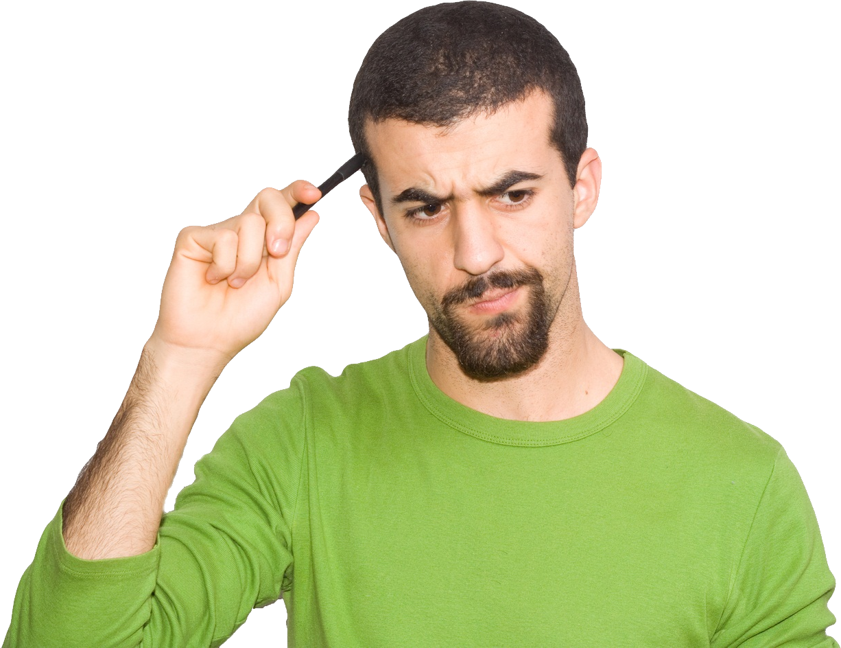 Thinking 桌布 壁紙 — 一名身穿綠色襯衫的男子，在白色背景前，將筆抵在太陽穴，表情煩惱或陷入深思。