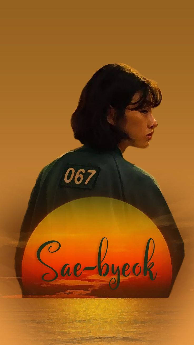 game 桌布 壁紙 — 一名身穿綠色連身衣、背上印有067號碼的女子，在寫有Sae-byek名字的地平線上的燦爛日落中呈現剪影。