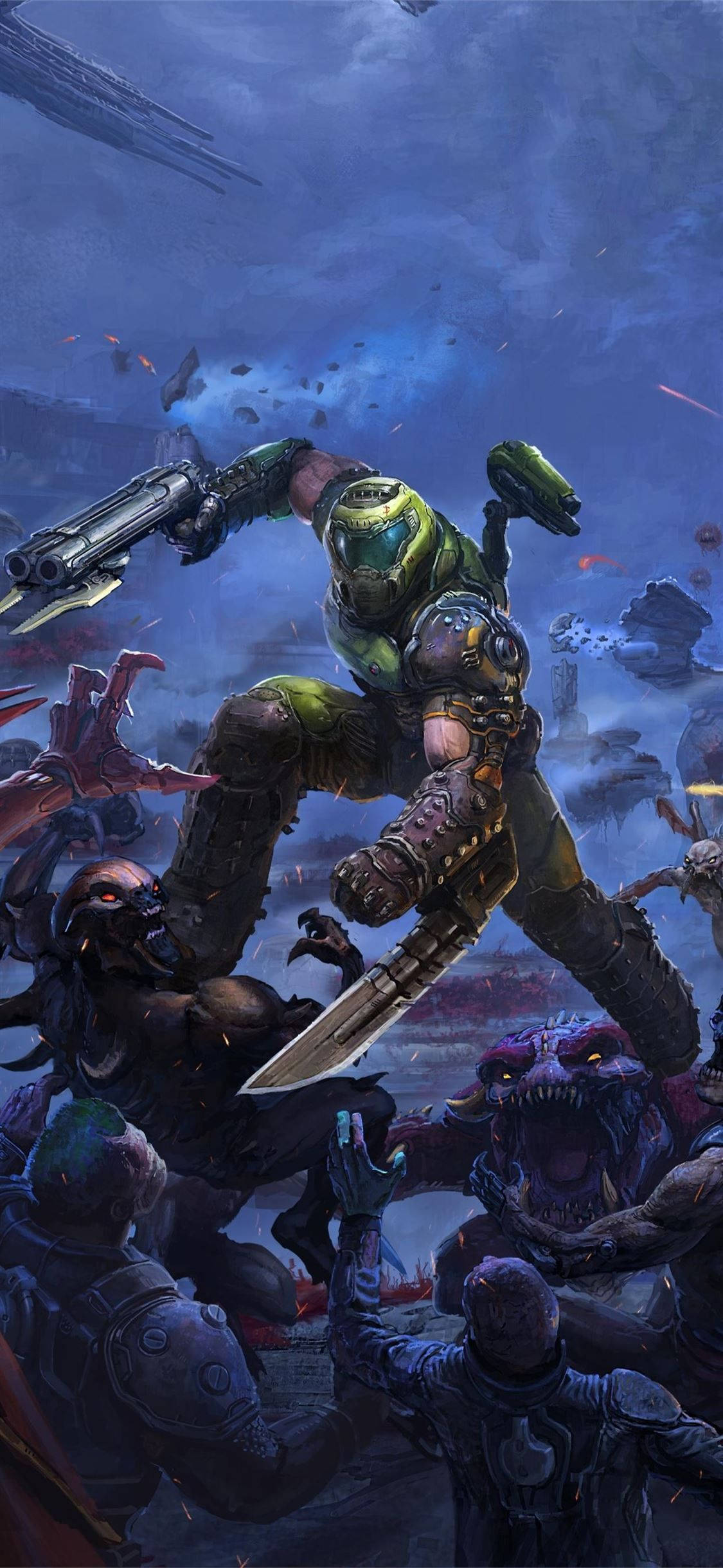 Doom Game 桌布 壁紙 — 一名身穿綠色頭盔和盔甲的重裝戰士，在暴風雨的藍天下與怪異的外星怪物戰鬥。